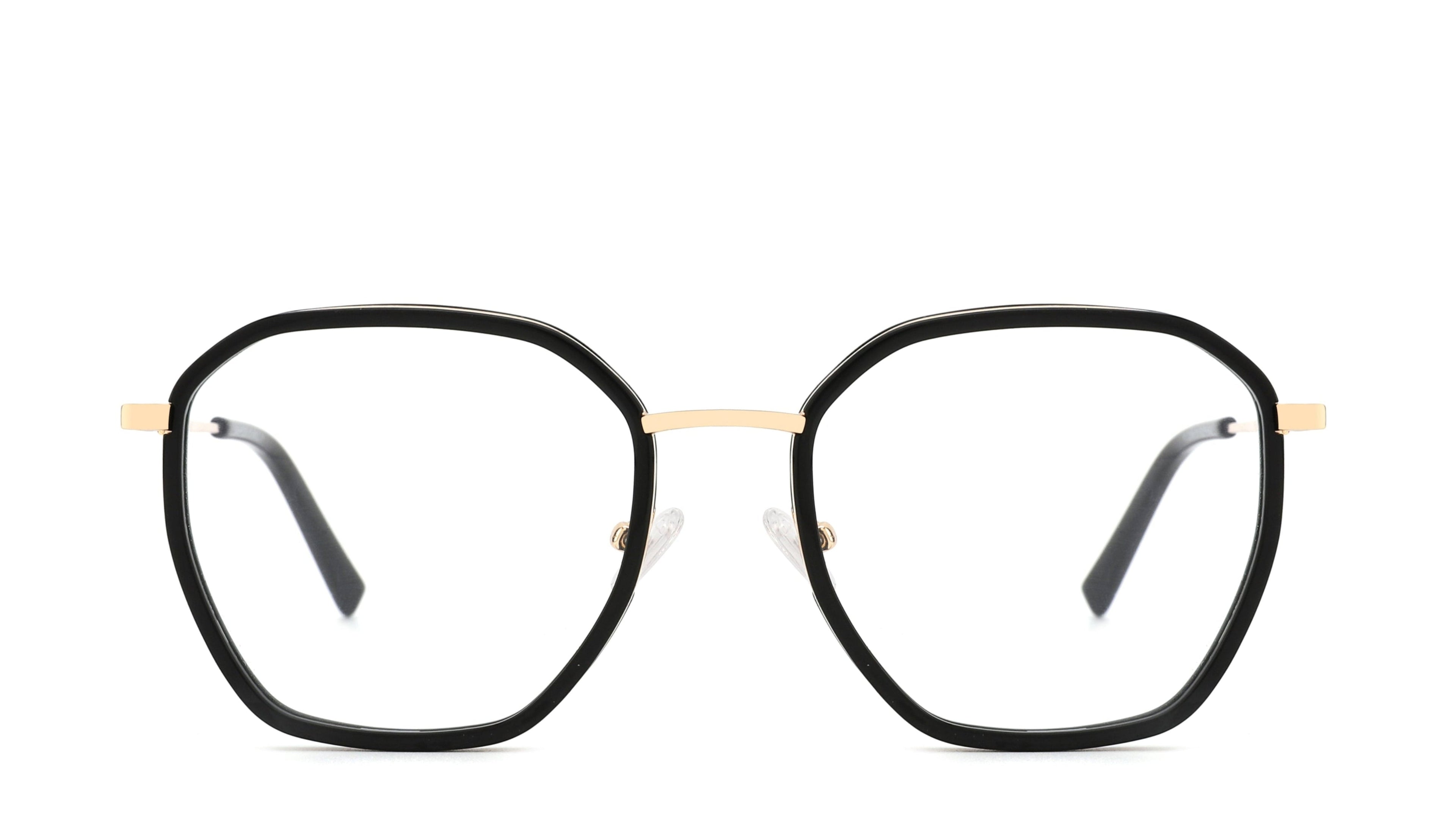 Black geometric eyeglass frames with gold metal bridge and temples, clear lenses, and black temple tips, shown against a plain white background.