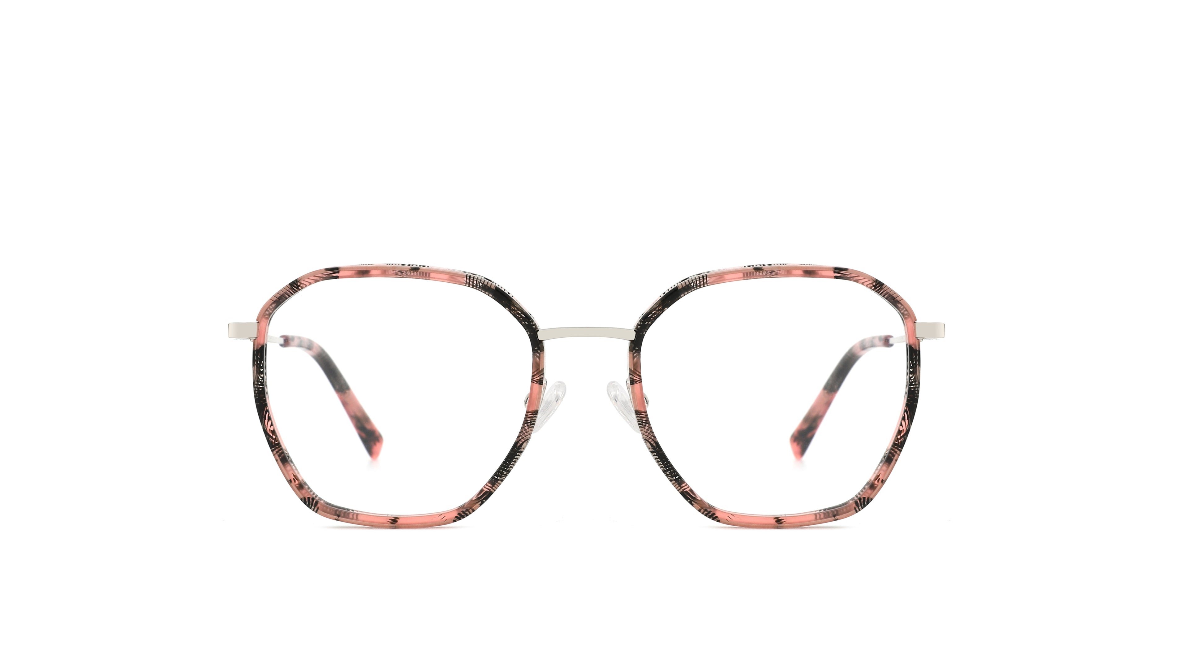 Oversized hexagonal eyeglasses with a pink and black tortoiseshell patterned acetate frame and thin silver metal temples, shown against a plain white background.