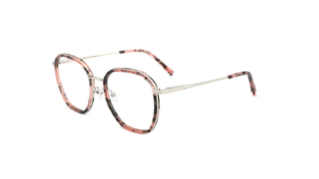 Oversized round eyeglasses with a pink and black tortoiseshell pattern on the rims and temples, paired with thin silver metal arms, shown on a plain white background.