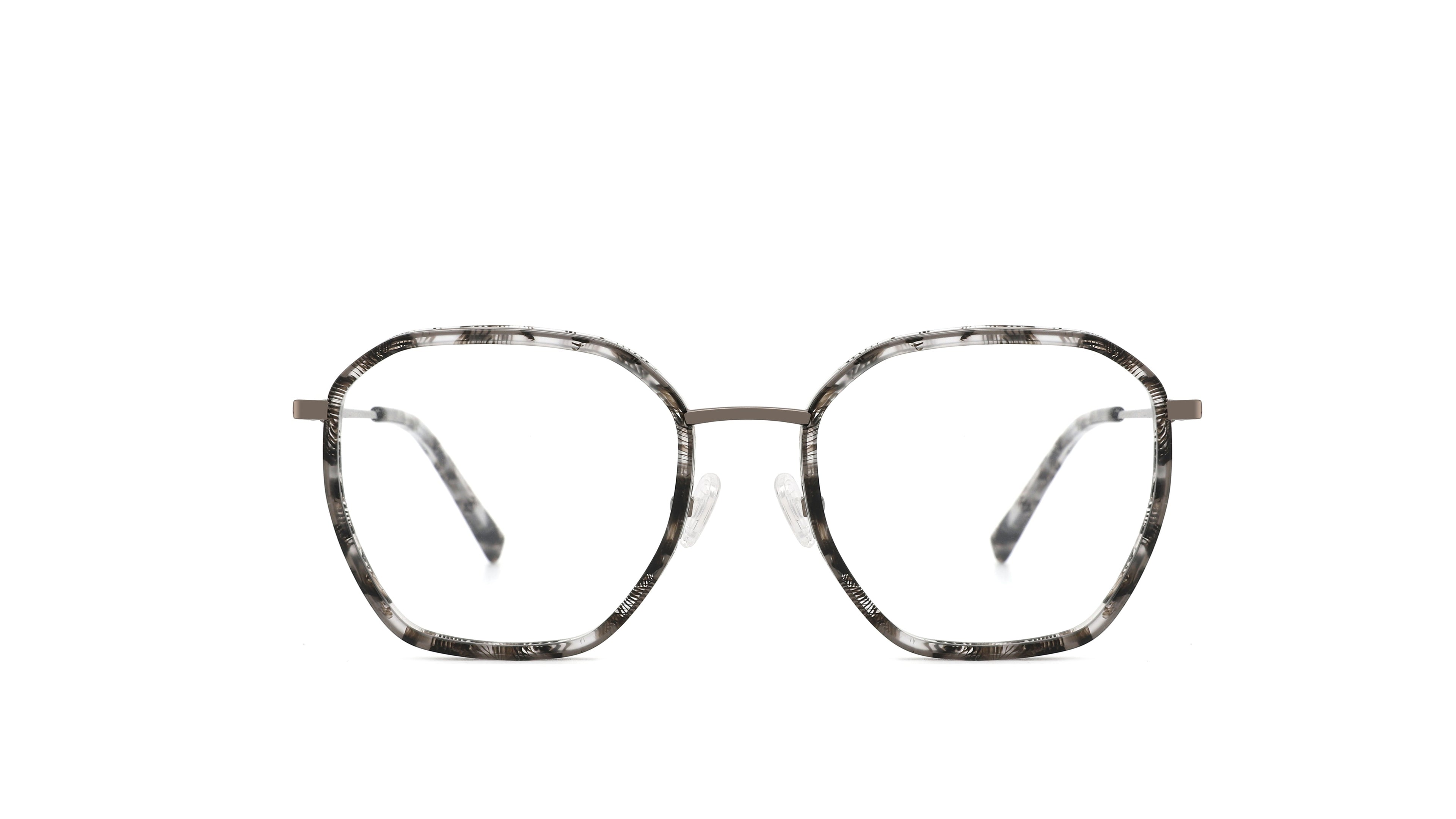 Oversized square eyeglasses with a black and white marbled pattern on the front frames and slim metal temples, shown against a plain white background.