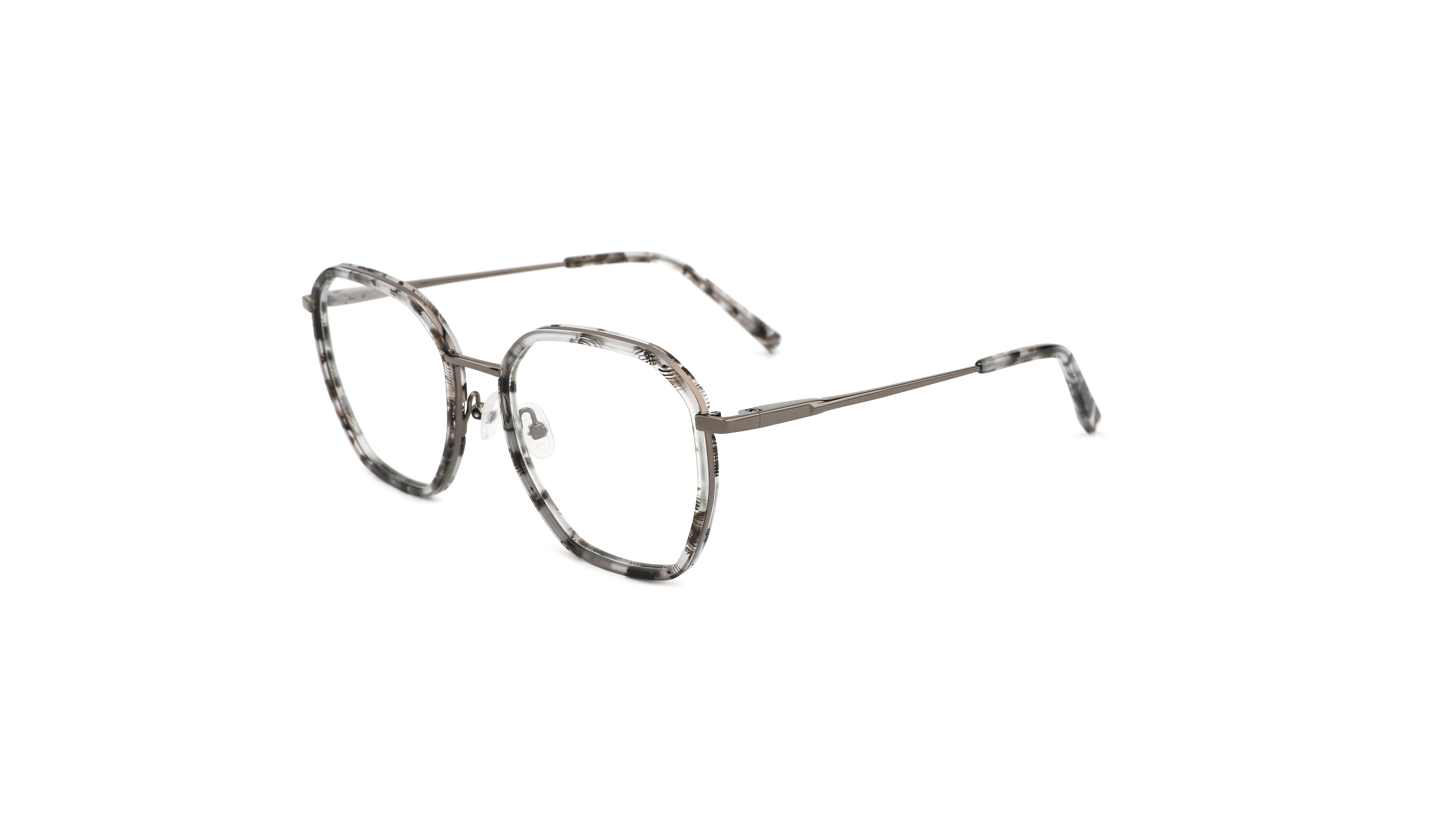 Oversized square eyeglasses with a metallic silver frame and a black-and-white marbled acetate front, shown on a plain white background.