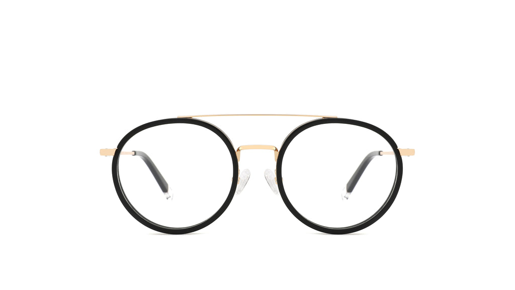 Round eyeglasses with black acetate rims, a thin gold metal bridge, and gold-toned temples with black earpieces, shown against a plain white background.