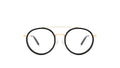 Round eyeglasses with black acetate rims, a thin gold metal bridge, and gold-toned temples with black earpieces, shown against a plain white background.