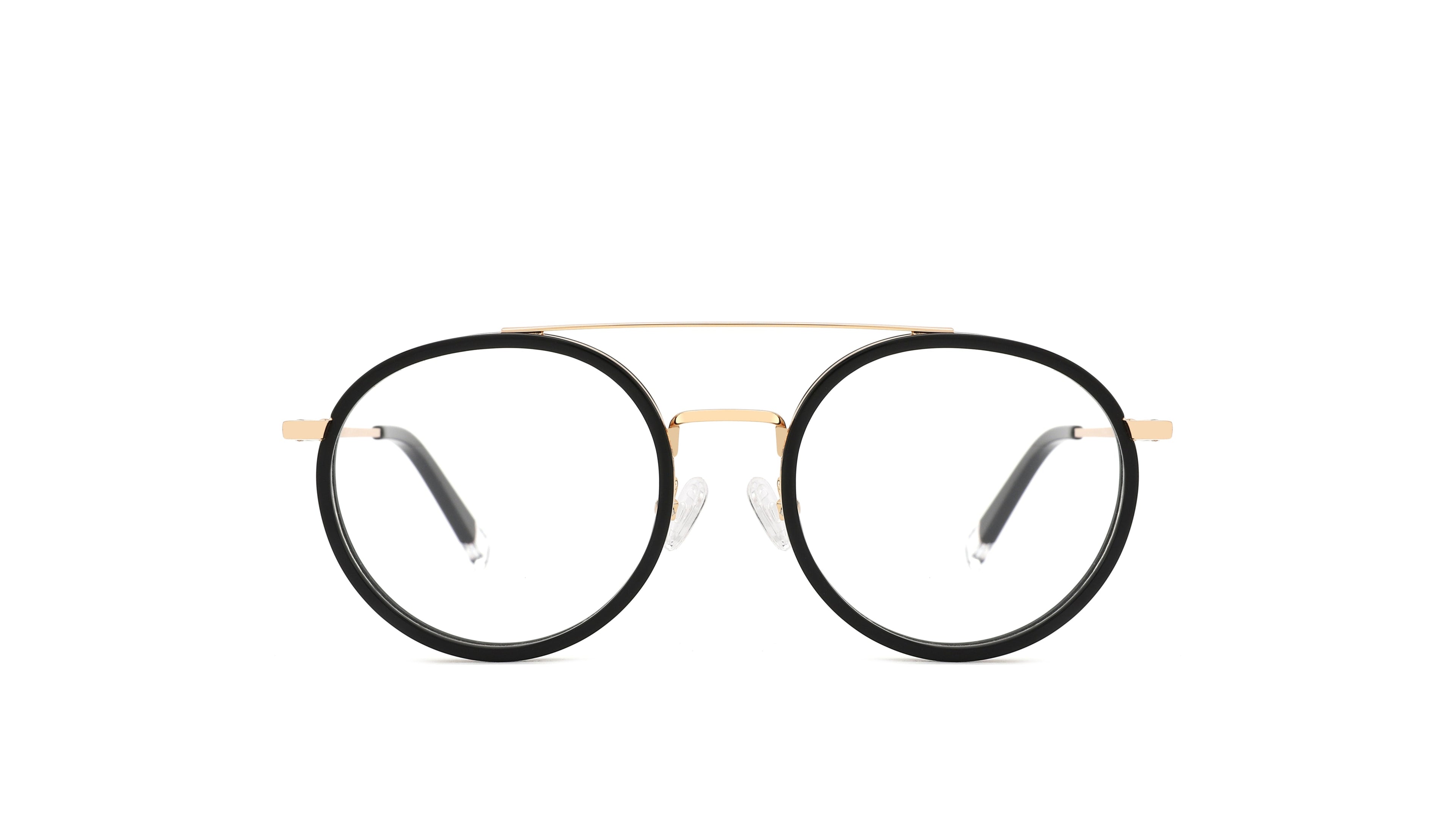 Round eyeglasses with black acetate rims, a thin gold metal bridge, and gold-toned temples with black earpieces, shown against a plain white background.
