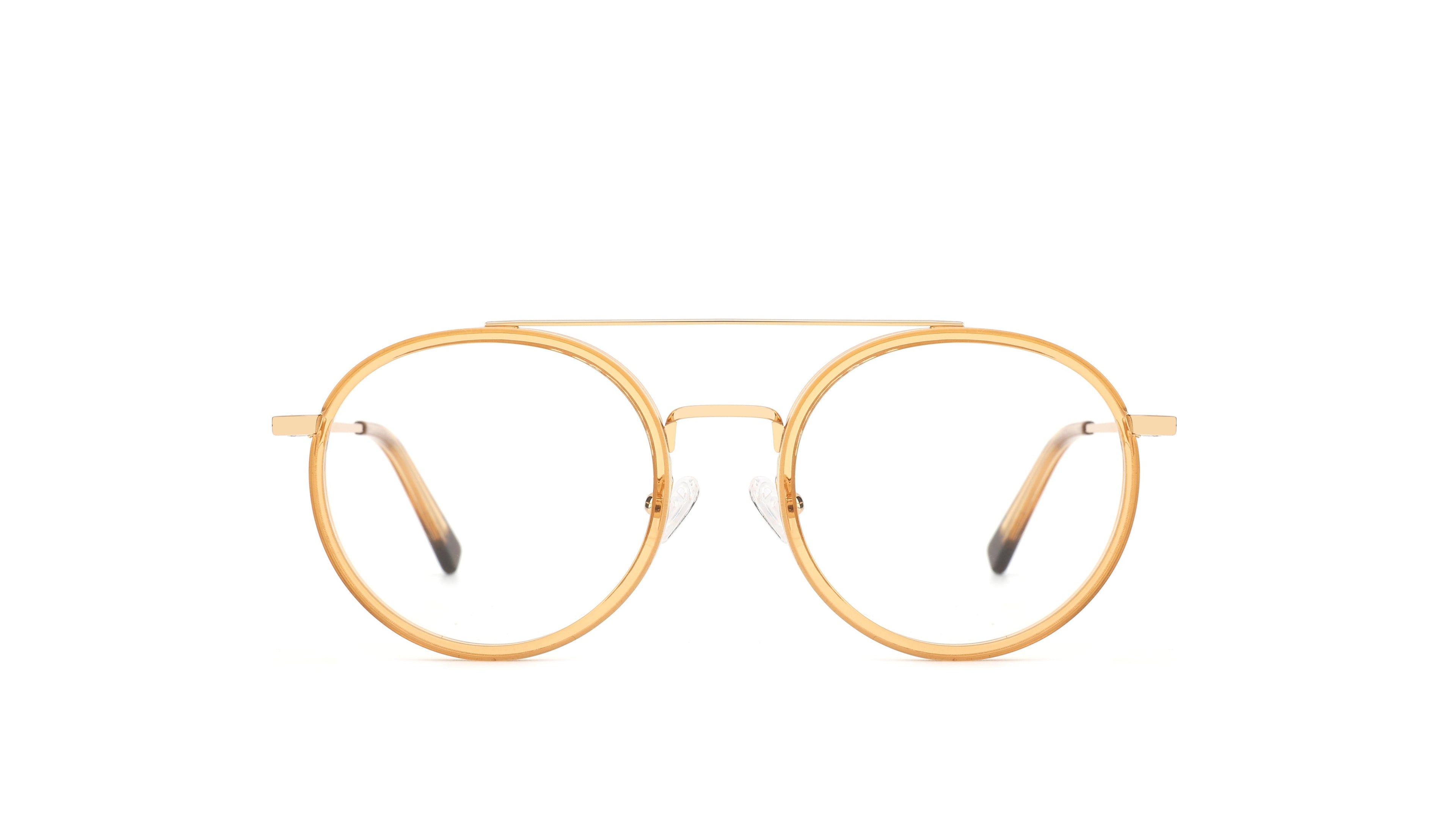 Round metal eyeglass frames with a thin double-bridge design in a gold finish, shown against a plain white background.