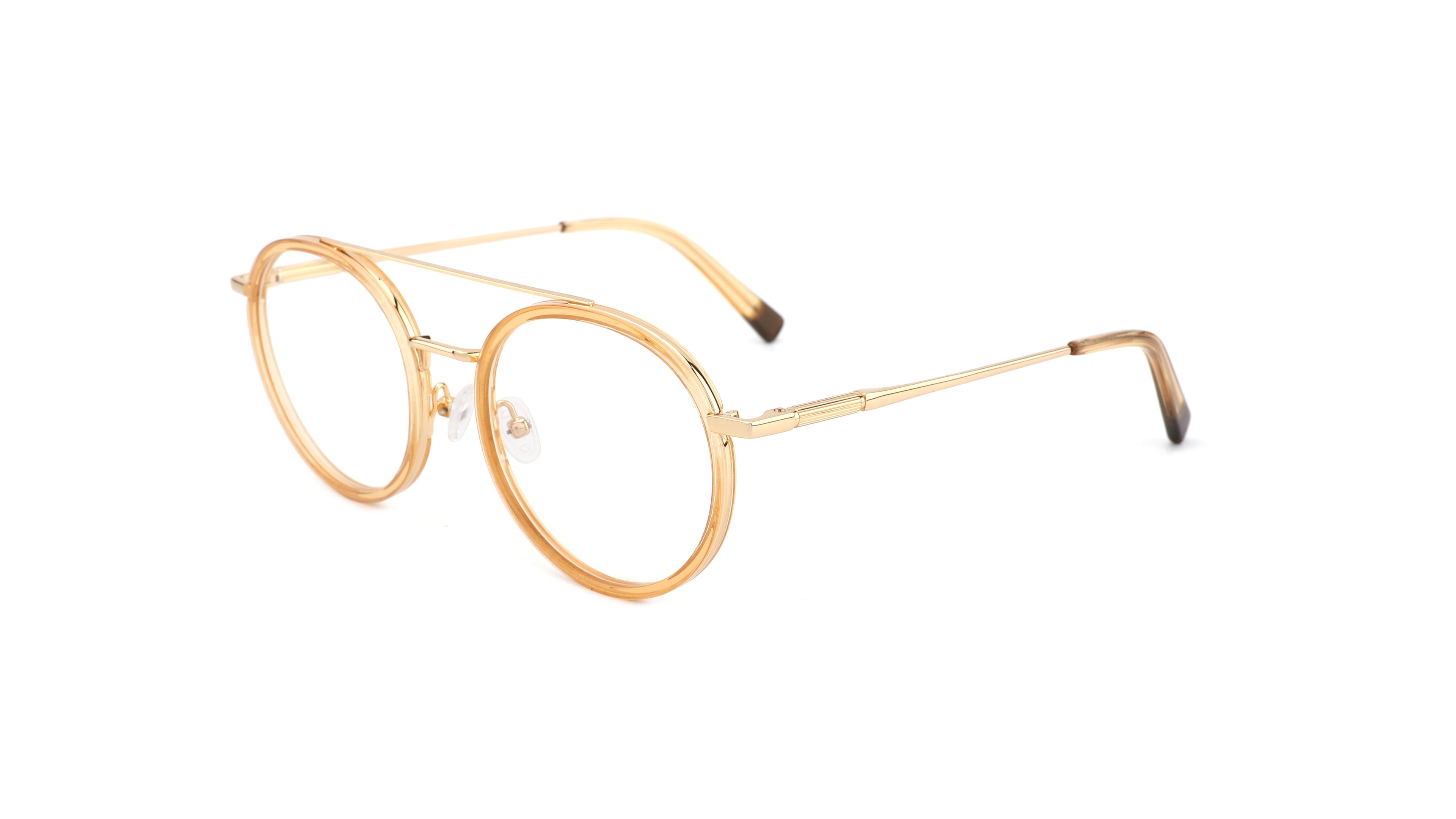 Gold metal round eyeglasses with a double bridge and thin temples, shown on a plain white background.