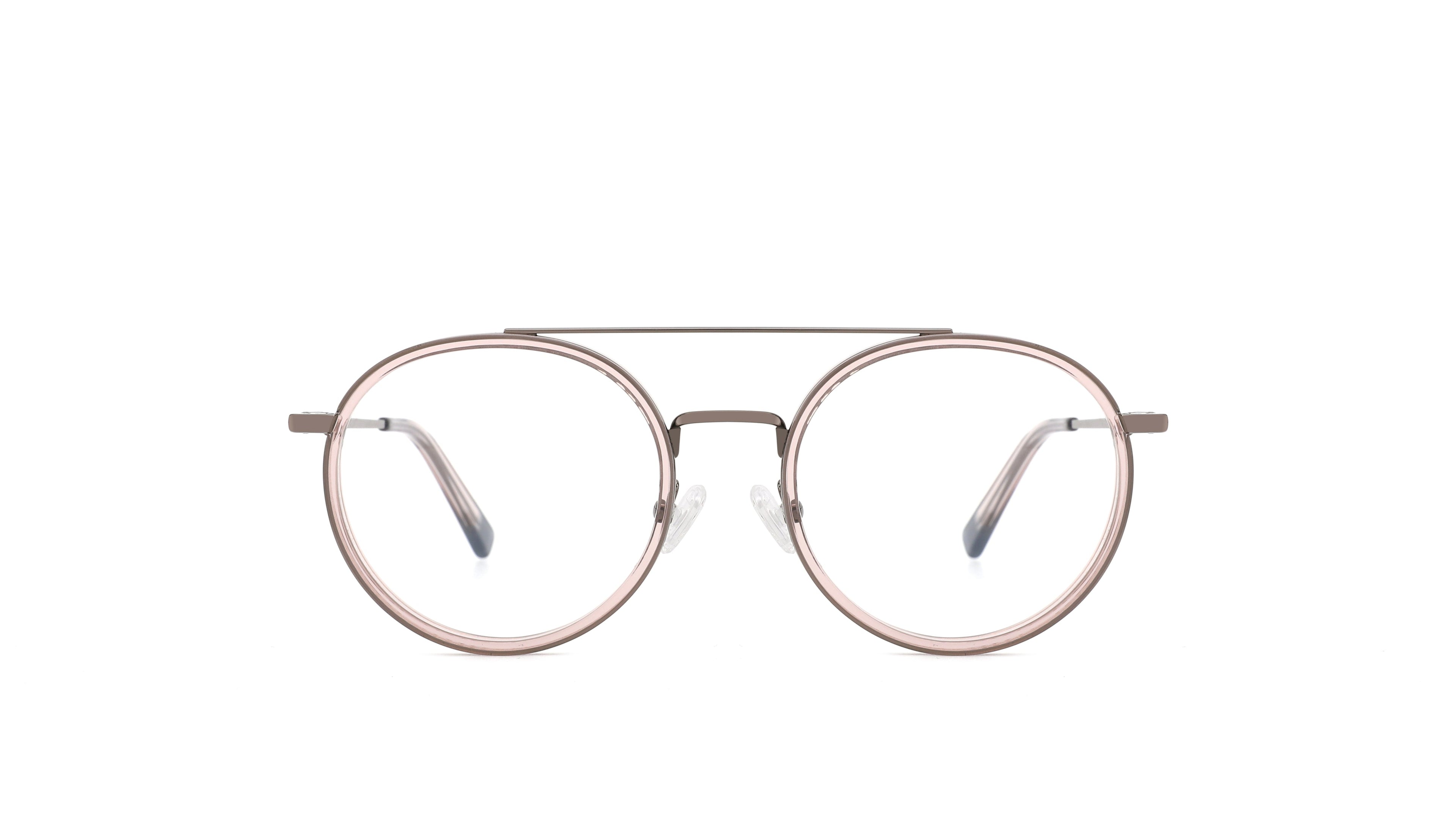 Round metal eyeglasses with a thin double-bridge top bar, featuring a rose gold-toned frame and clear lenses, centered on a plain white background.