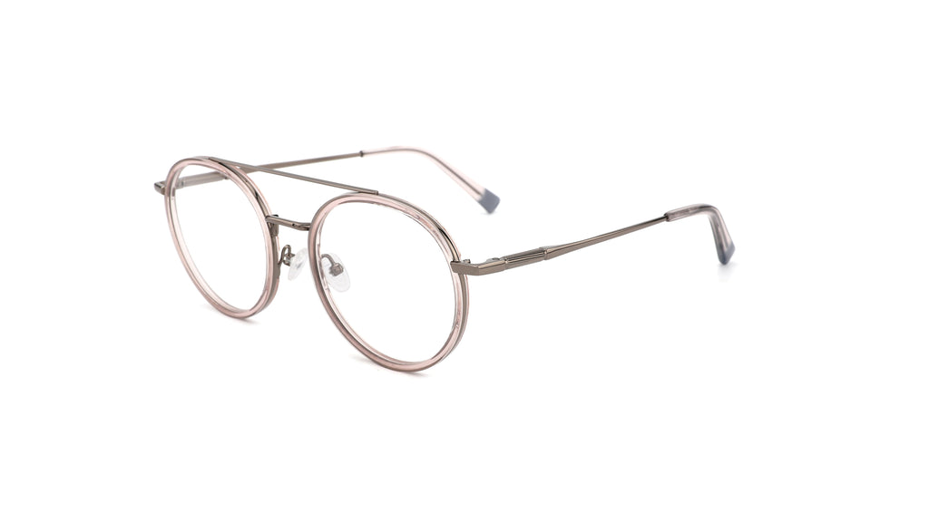 Oversized round eyeglasses with a thin double-bridge metal frame in a muted rose gold or bronze tone, shown on a plain white background.