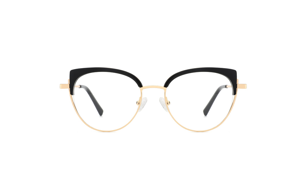 Oversized round eyeglasses with a black top half and gold bottom half, shown against a plain white background.