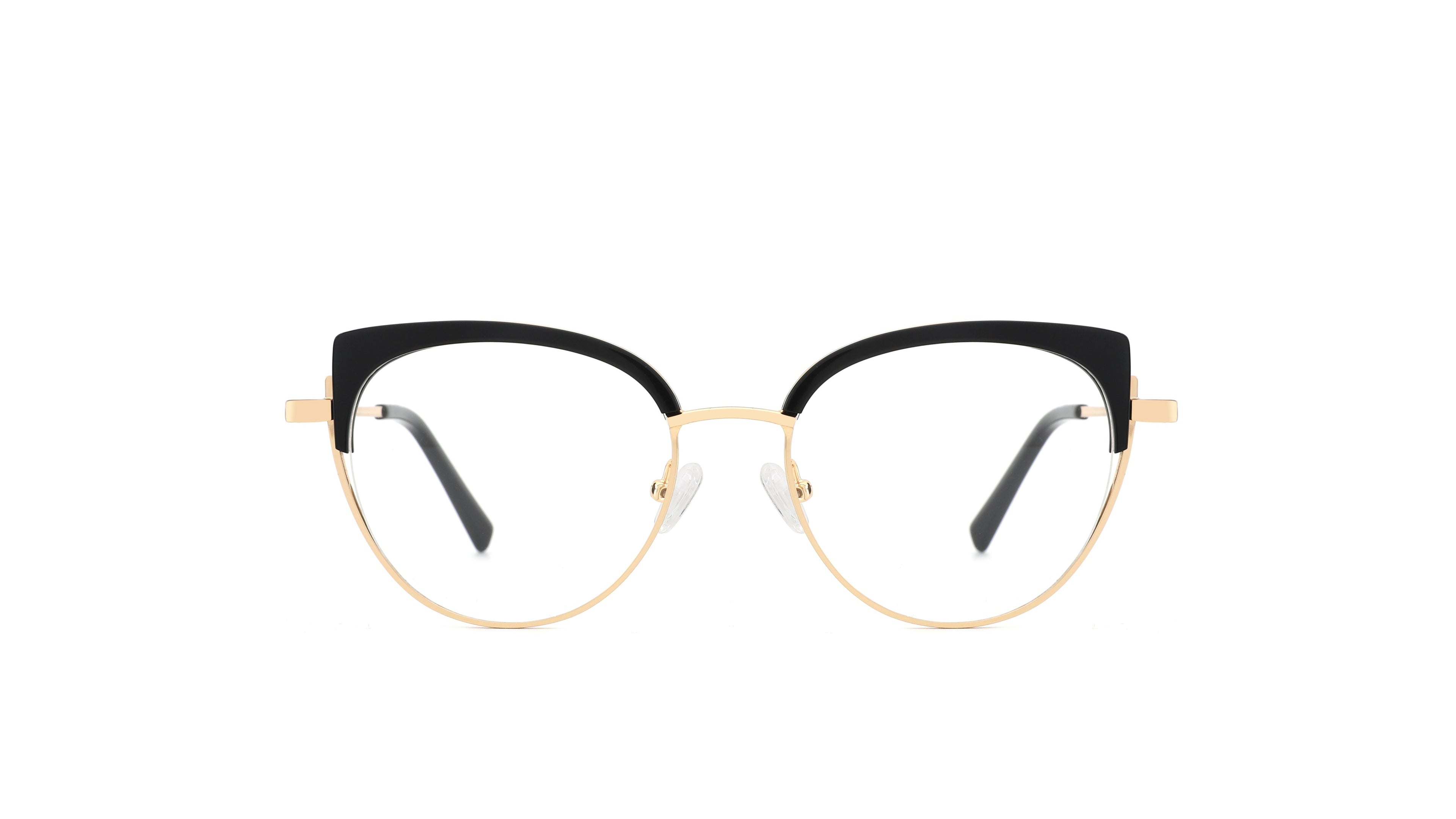 Oversized round eyeglasses with a black top half and gold bottom half, shown against a plain white background.