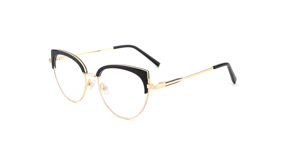 A pair of cat-eye eyeglasses featuring a black acetate top border, gold metal rims, and gold temples with black tips, shown on a plain white background.