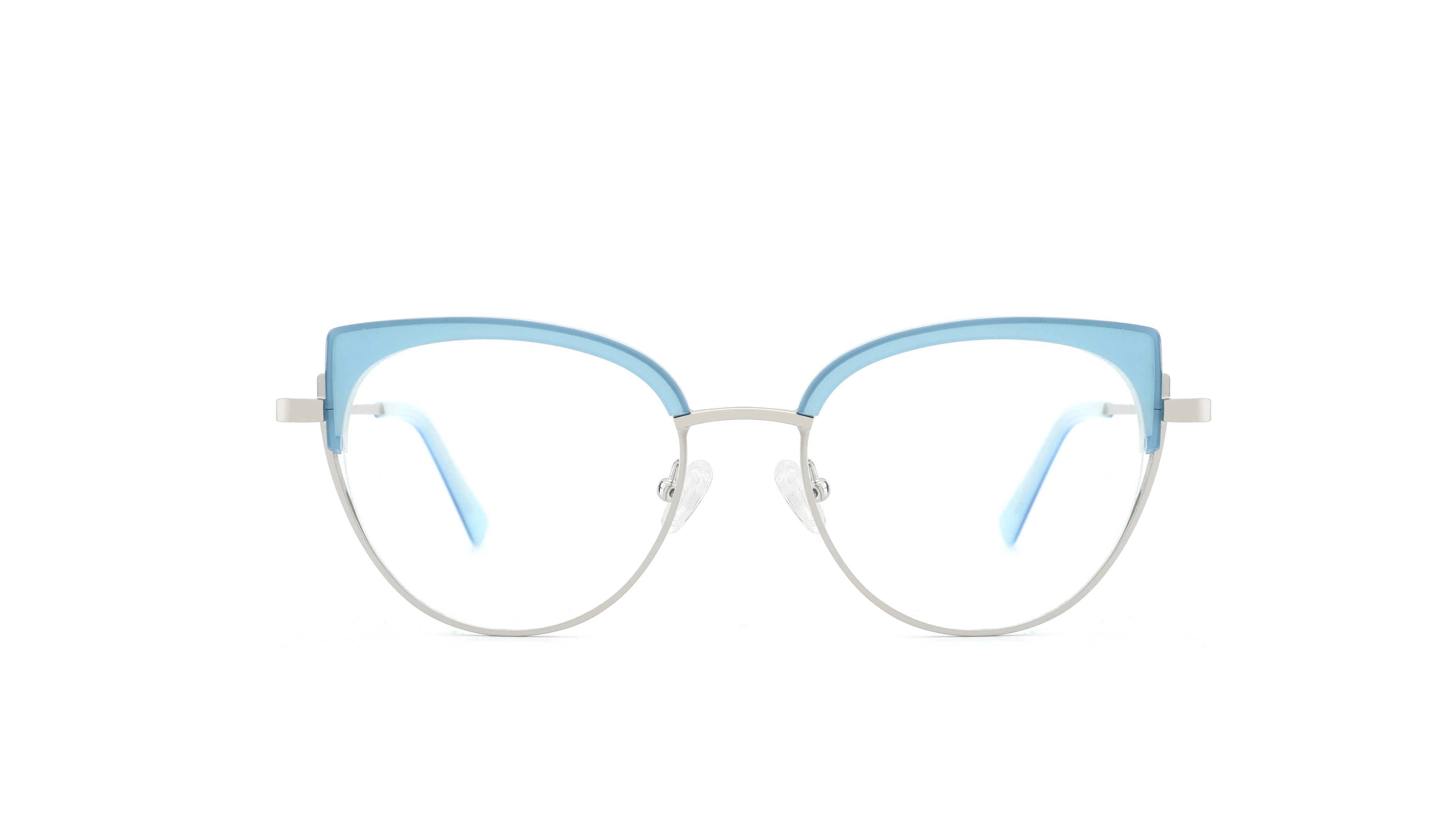 Light blue cat-eye eyeglasses with a thin silver metal frame and clear lenses, shown against a plain white background.