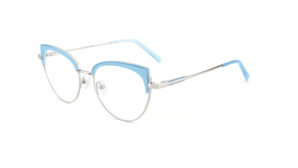 A pair of semi-rimless cat-eye eyeglasses featuring light blue acetate on the upper brow and temples, combined with a thin silver metal frame and clear lenses, shown against a plain white background.