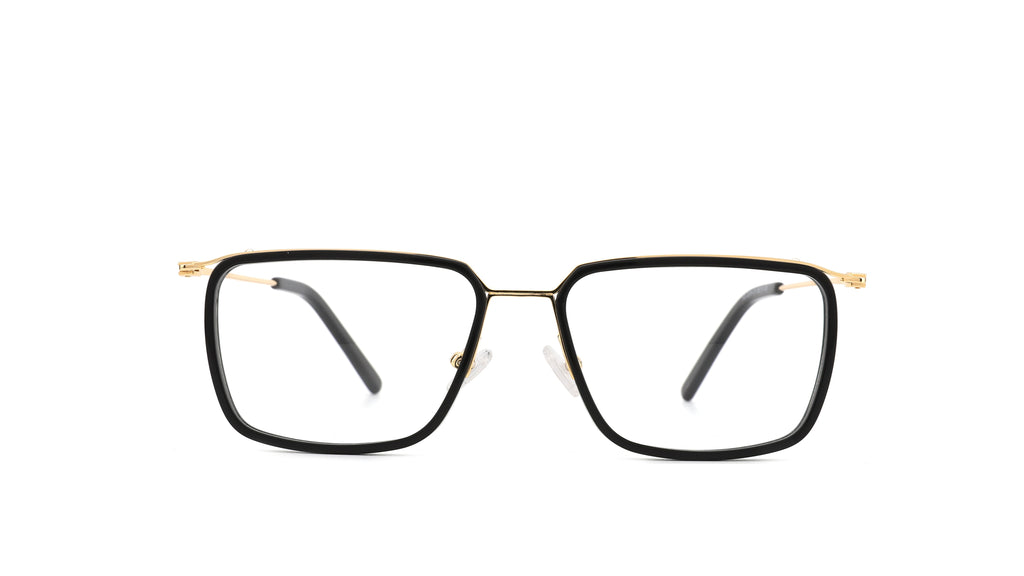A pair of square-frame eyeglasses with a black acetate front and gold metal temples, shown against a plain white background.