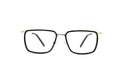A pair of square-frame eyeglasses with a black acetate front and gold metal temples, shown against a plain white background.