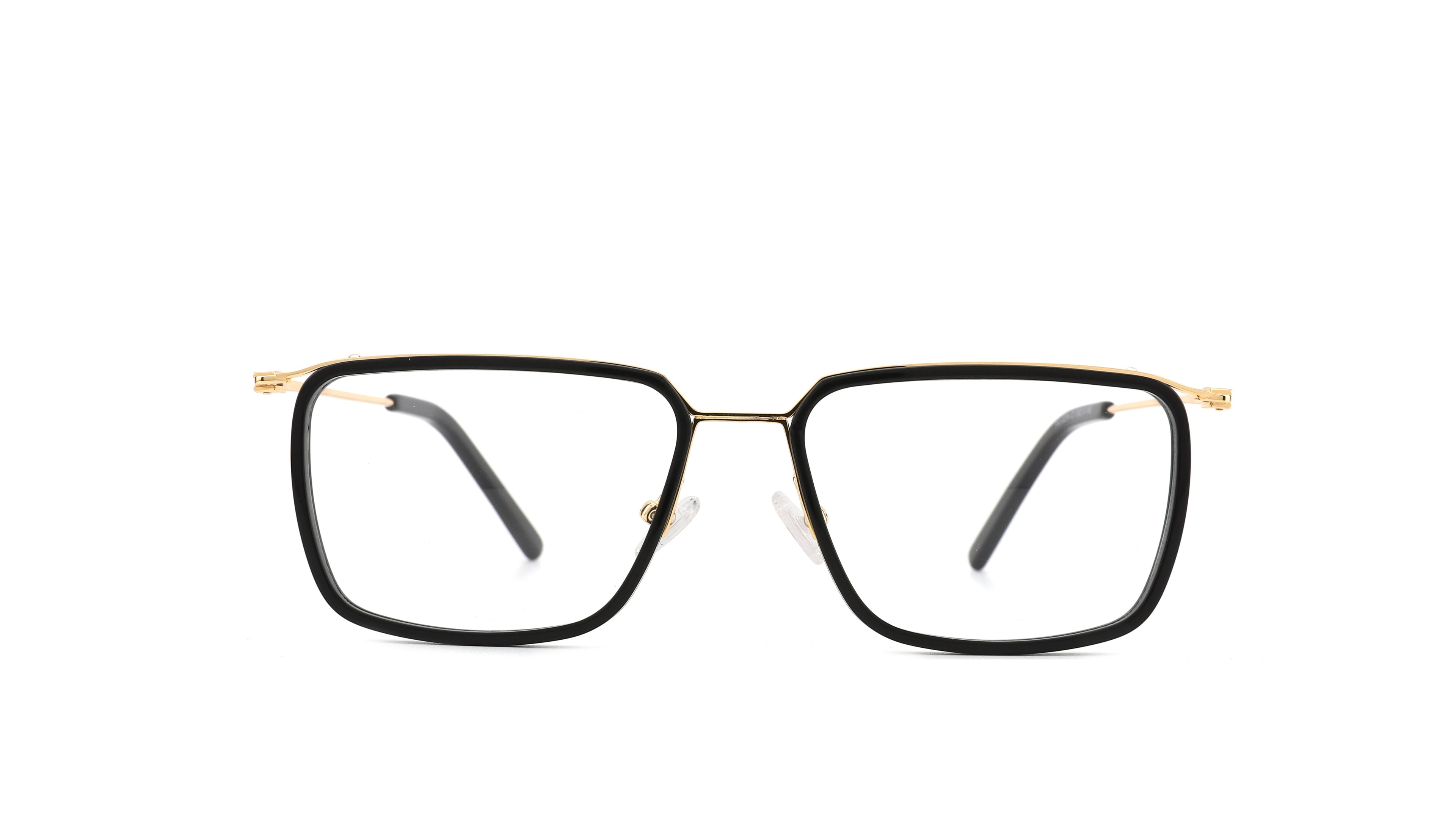 A pair of square-frame eyeglasses with a black acetate front and gold metal temples, shown against a plain white background.