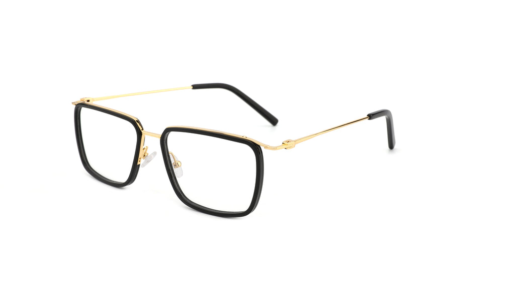 A pair of square-frame eyeglasses with black acetate rims and slim gold metal temples, shown on a plain white background.
