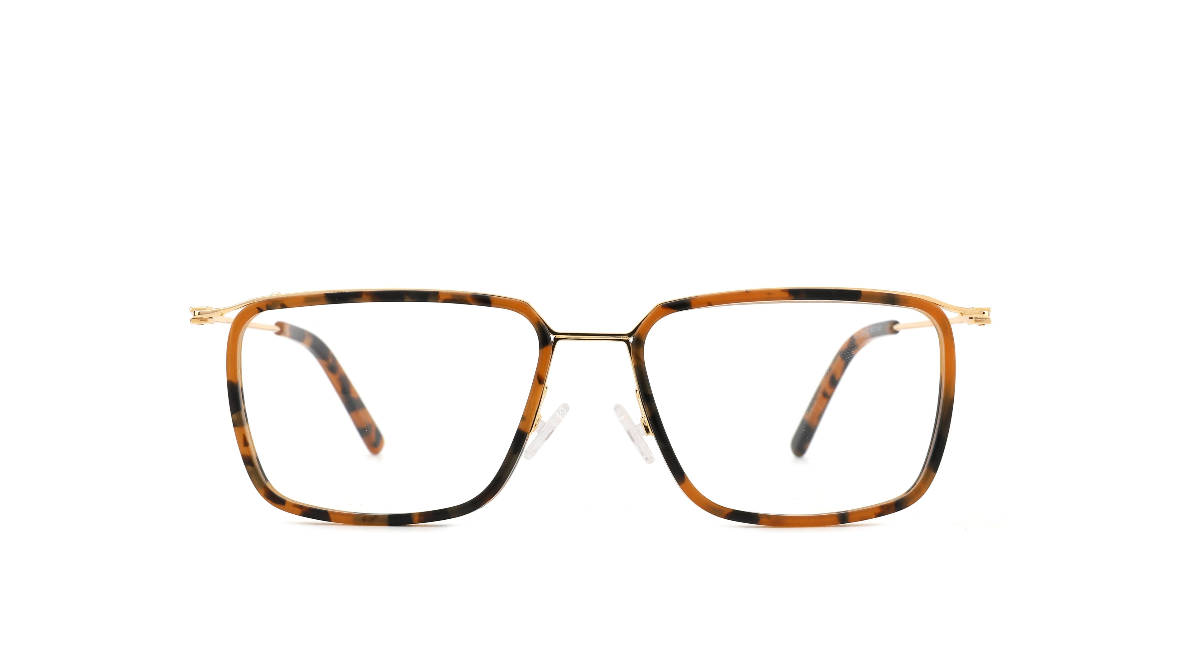 A pair of square metal eyeglass frames with a tortoiseshell pattern in brown and black, featuring gold-toned metal temples and clear lenses, shown against a plain white background.