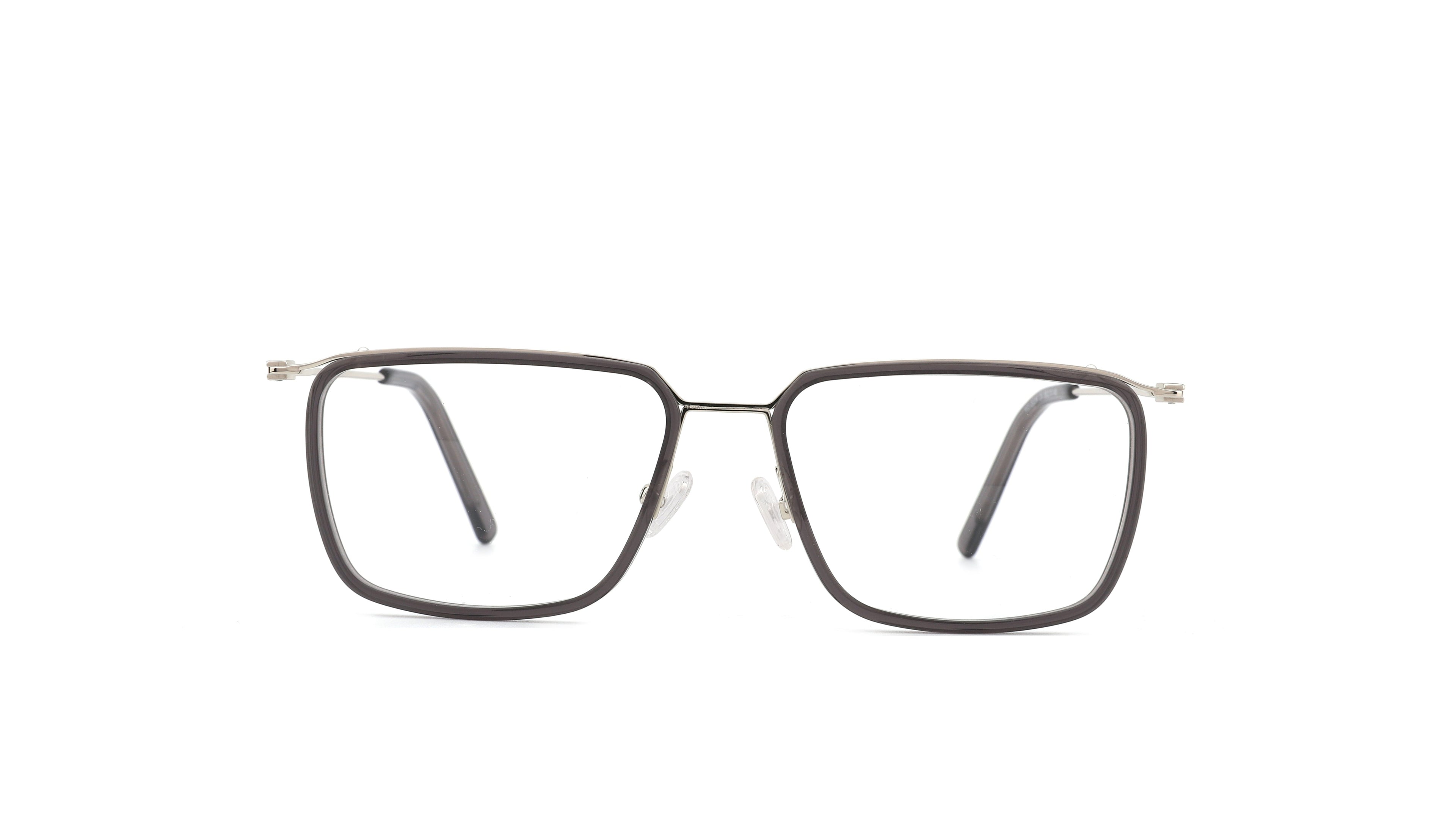 A pair of men's square eyeglasses with a dark gray acetate frame and slim silver metal temples, shown against a plain white background.