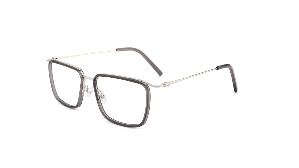 A pair of square metal eyeglasses with a dark gray acetate frame and slim silver wire temples, shown on a plain white background.