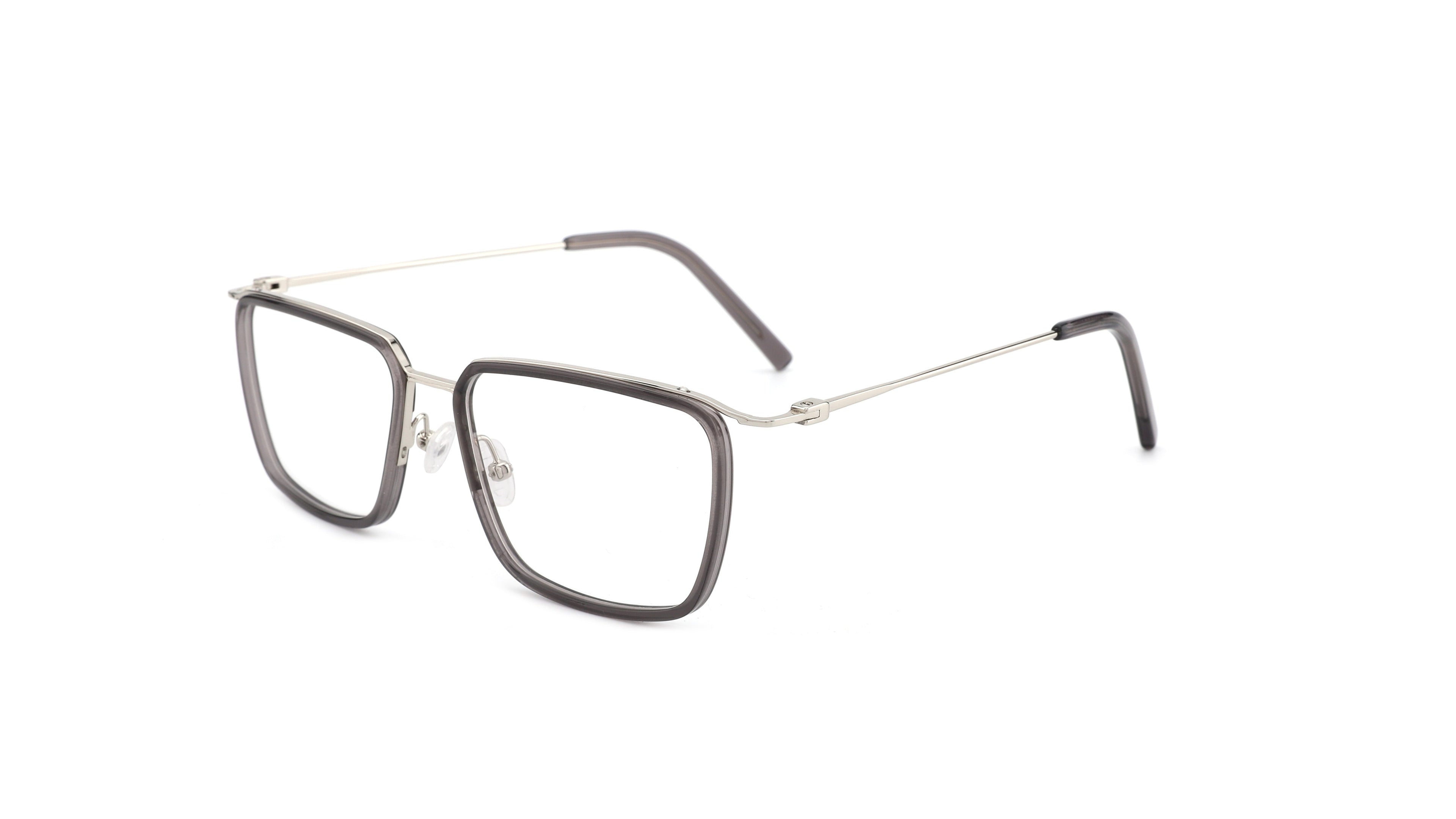 A pair of square metal eyeglasses with a dark gray acetate frame and slim silver wire temples, shown on a plain white background.