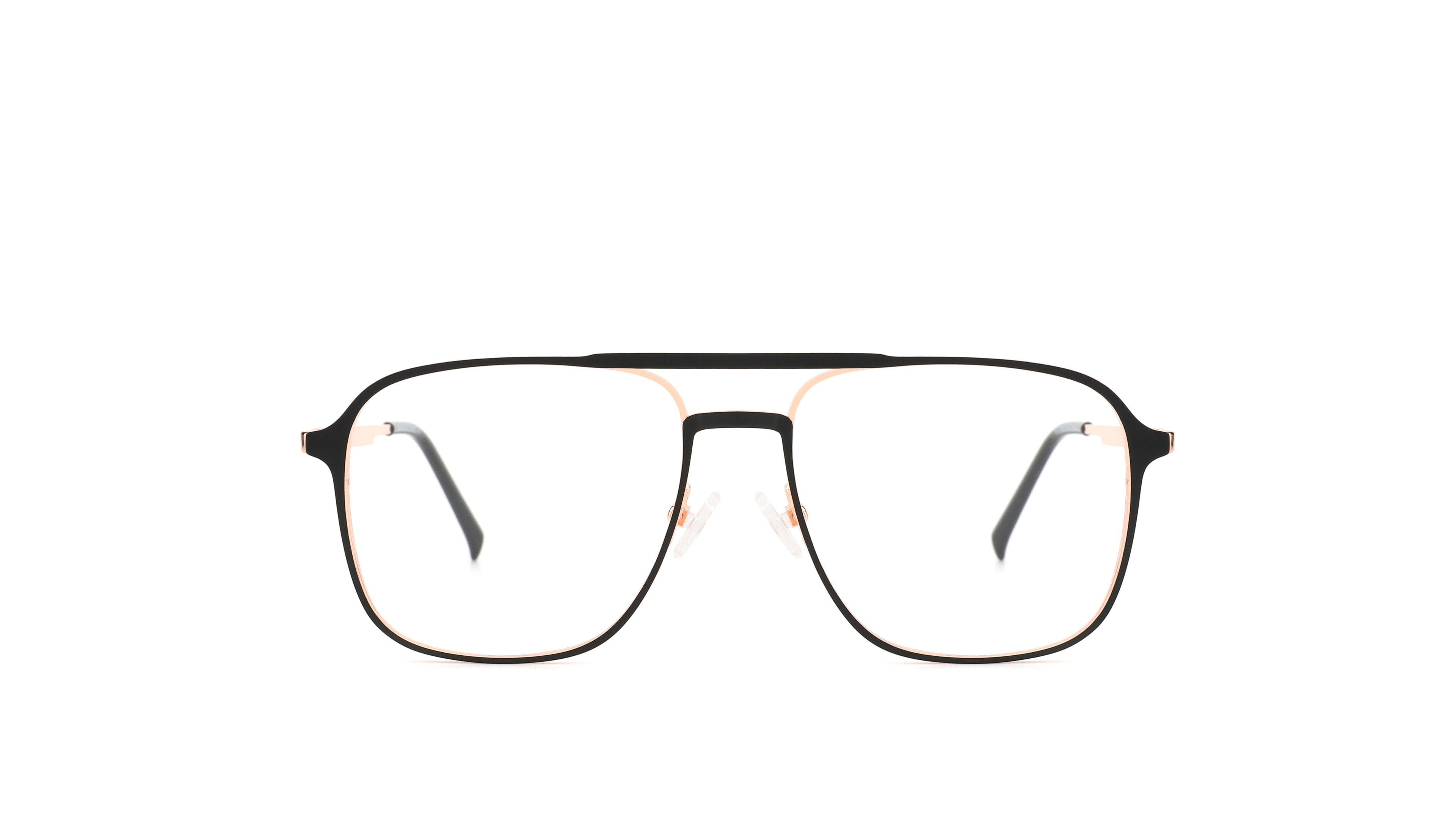 A pair of aviator-style eyeglasses with a thin black double bridge and square-shaped lenses, shown against a plain white background.