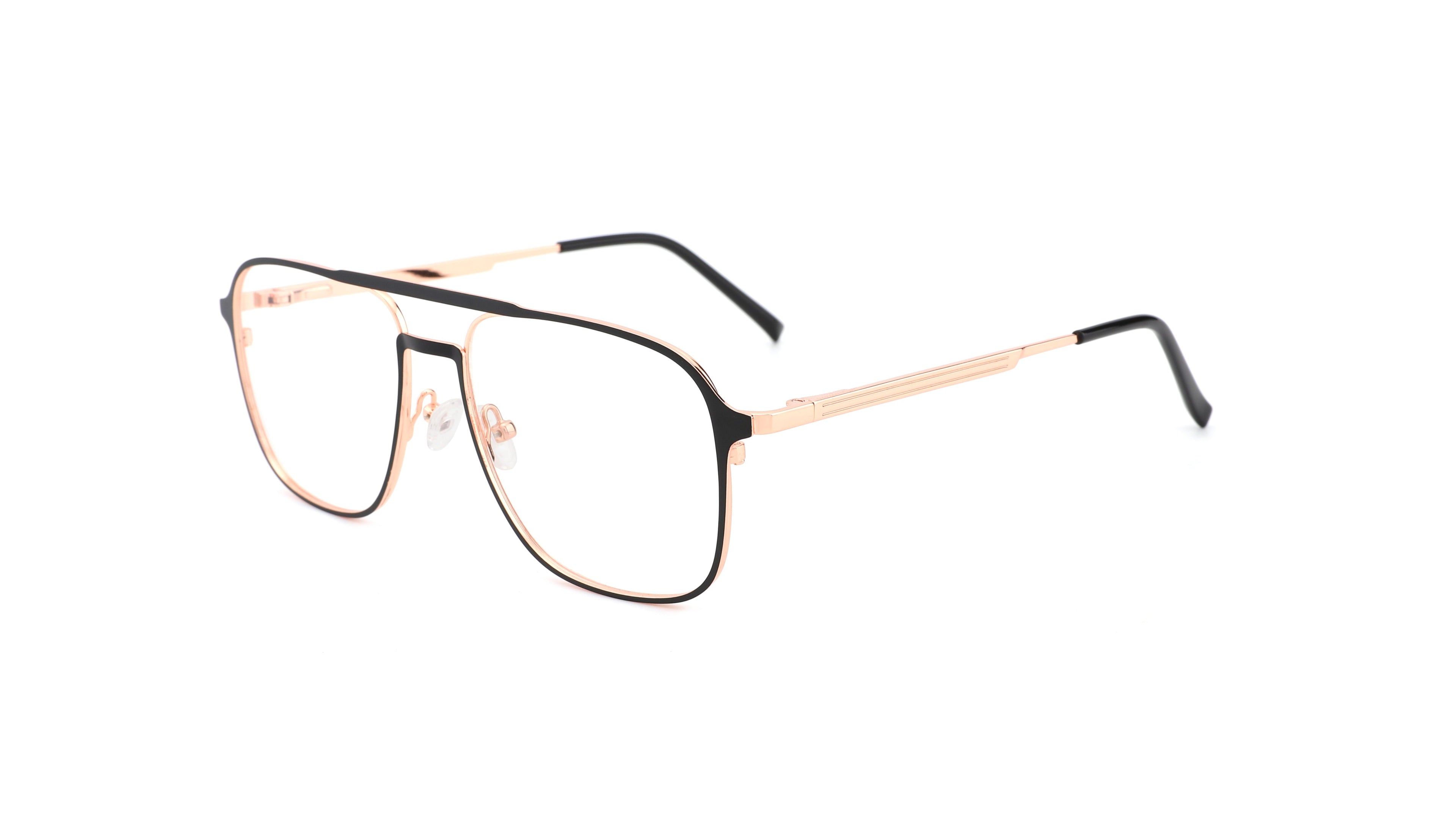A pair of aviator-style eyeglasses with a black front frame and rose gold temples, shown on a plain white background.
