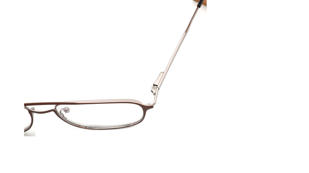 A close-up side view of a pair of eyeglasses with a thin metallic rose gold frame and temple arm, shown against a plain white background.