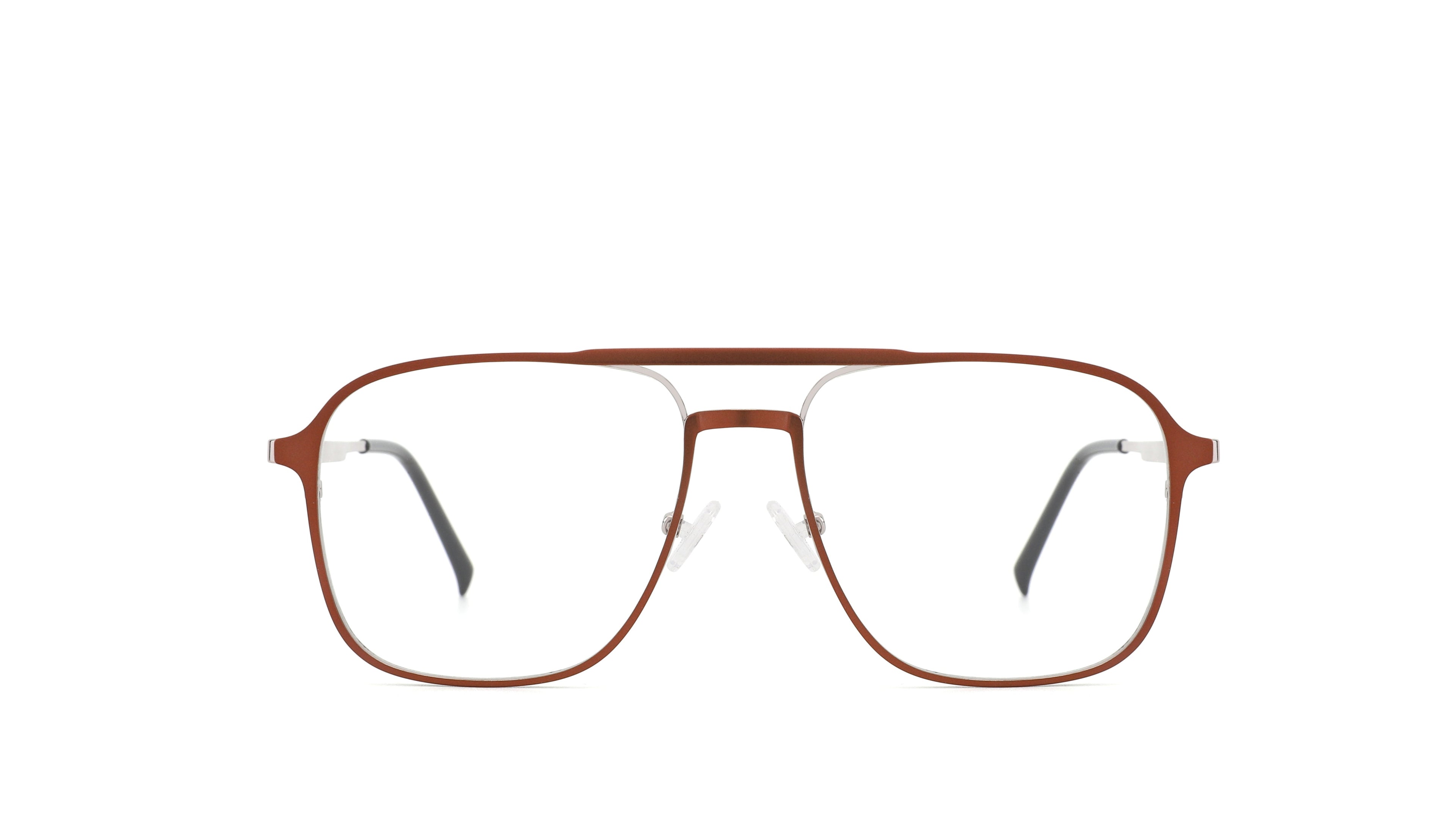 A pair of aviator-style eyeglasses with a matte brown metal frame and clear lenses, shown against a plain white background.