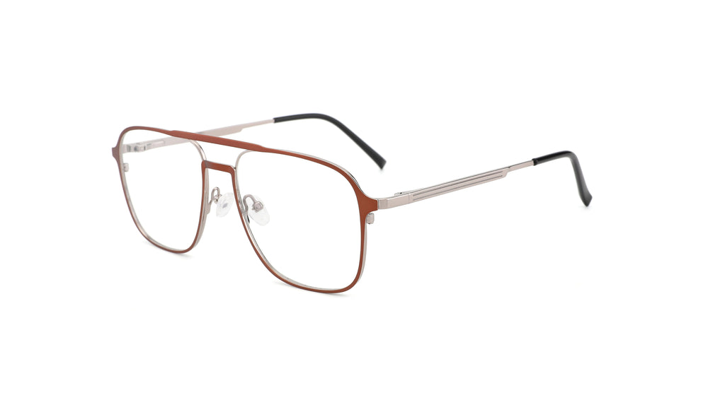 A pair of aviator-style eyeglasses with a thin brown metal frame, silver bridge and temples, and black temple tips, shown on a plain white background.