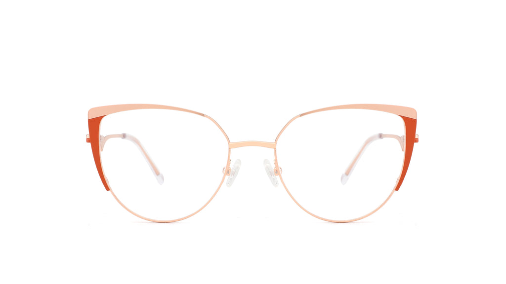 Oversized round eyeglasses with a thin rose gold metal frame and orange-red temples, shown against a plain white background.