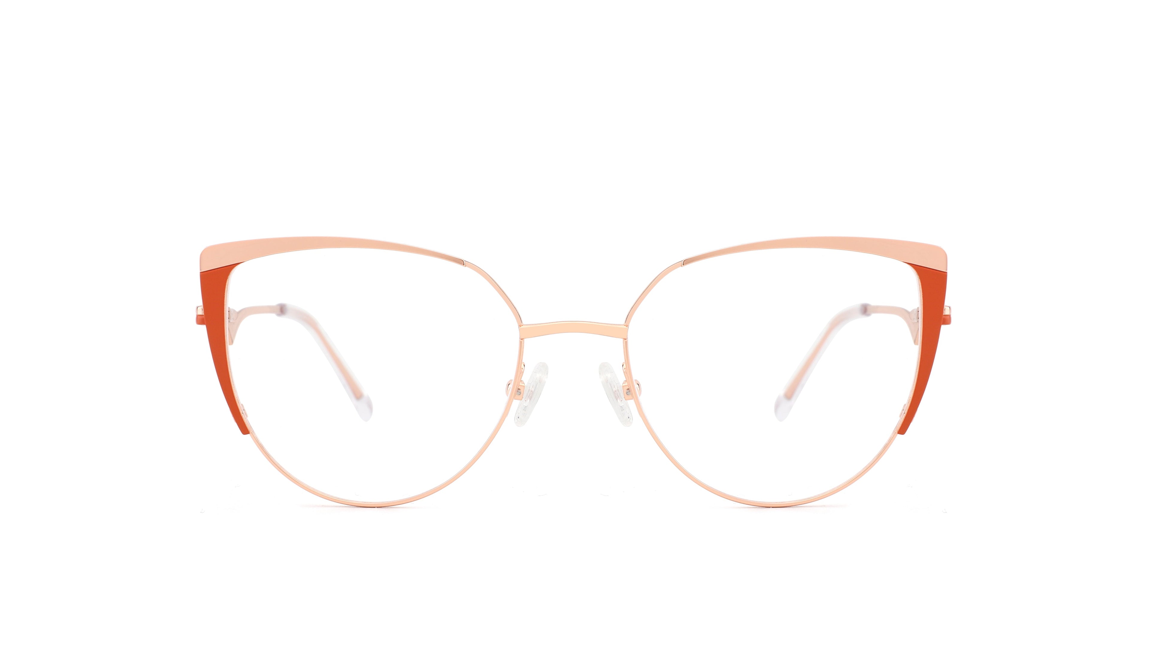 Oversized round eyeglasses with a thin rose gold metal frame and orange-red temples, shown against a plain white background.