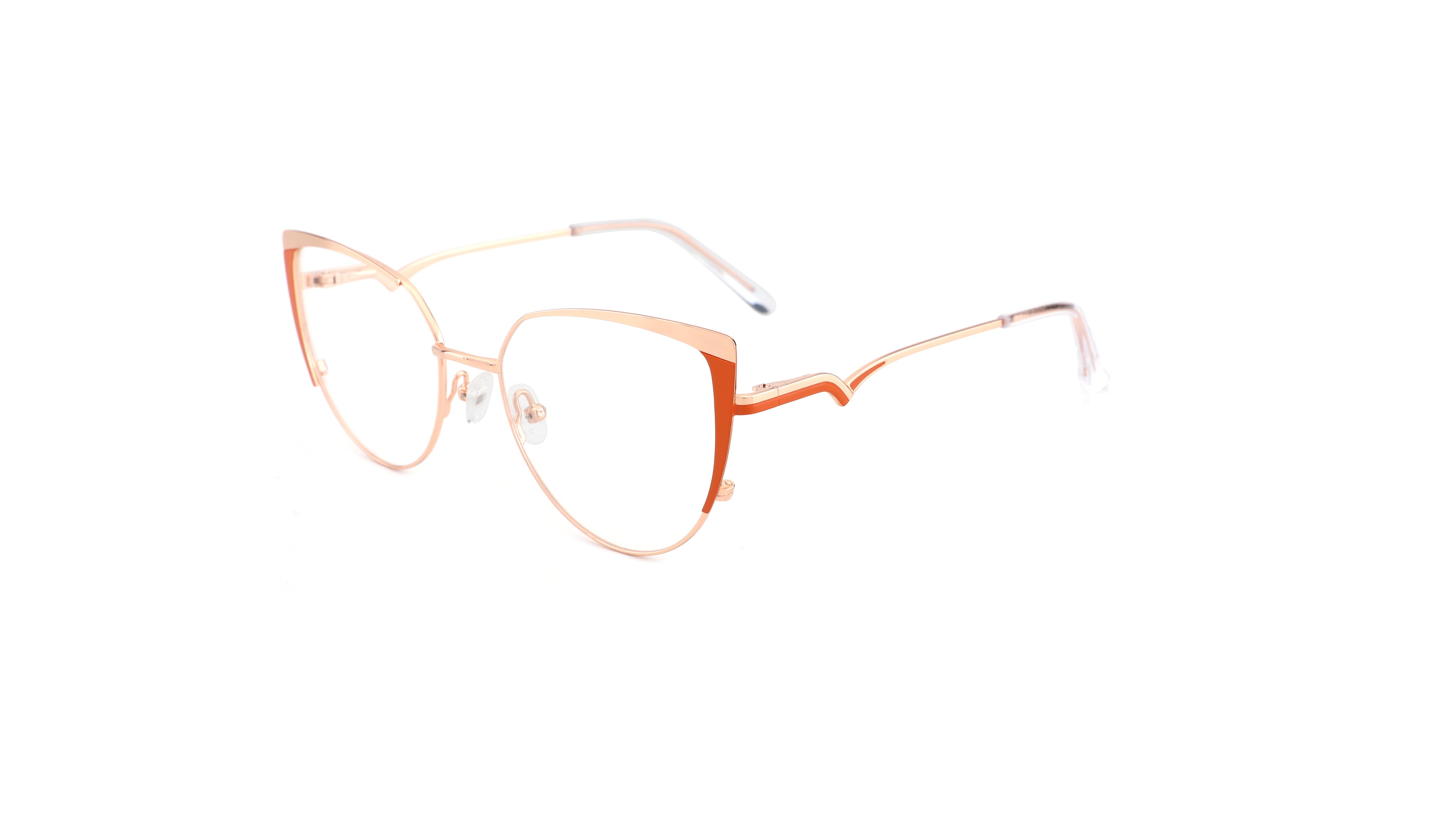 Oversized round eyeglasses with a rose gold metal frame and clear lenses, shown on a plain white background.