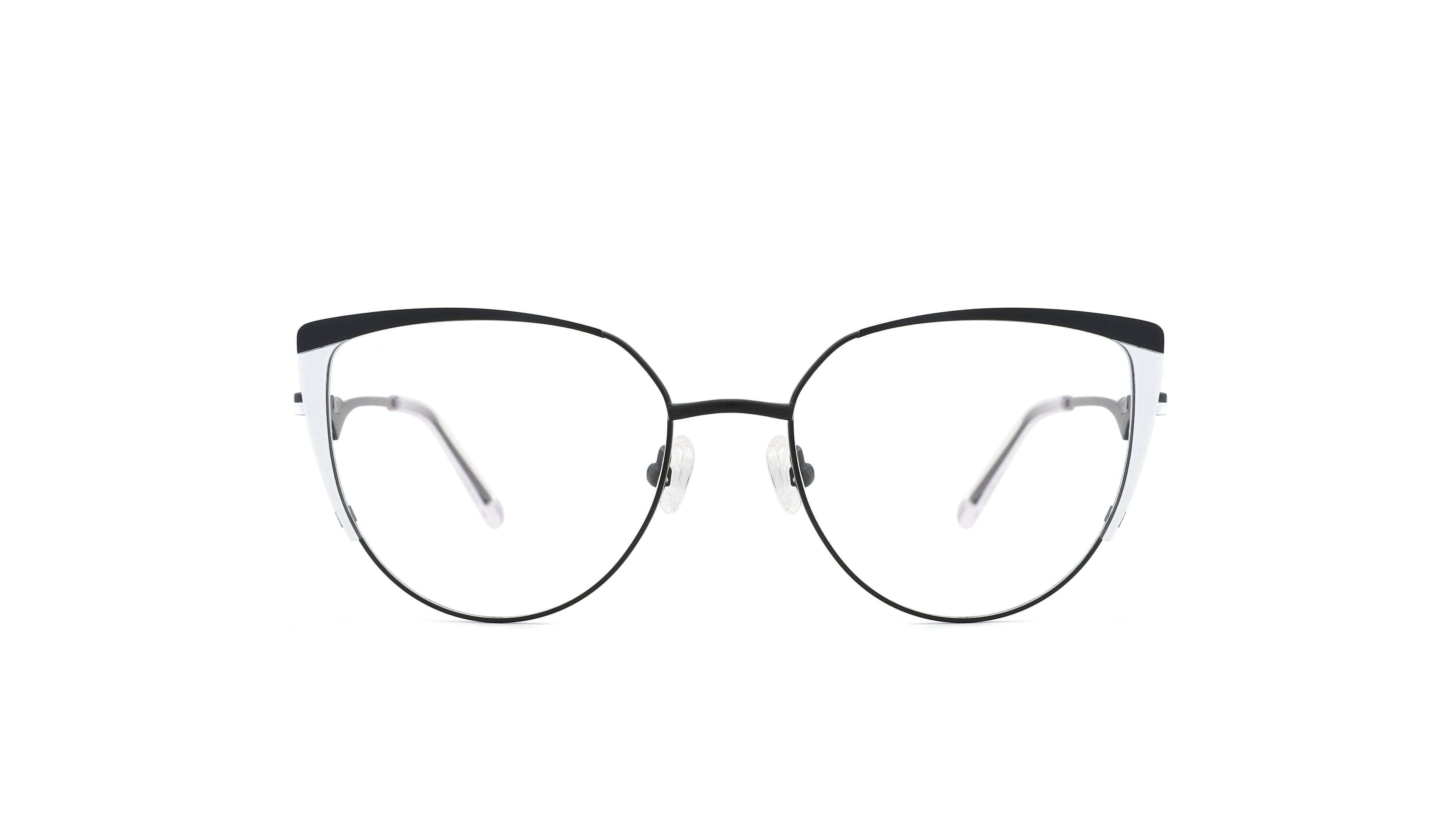 Oversized round eyeglasses with a black top bar and silver lower rims, shown against a plain white background.