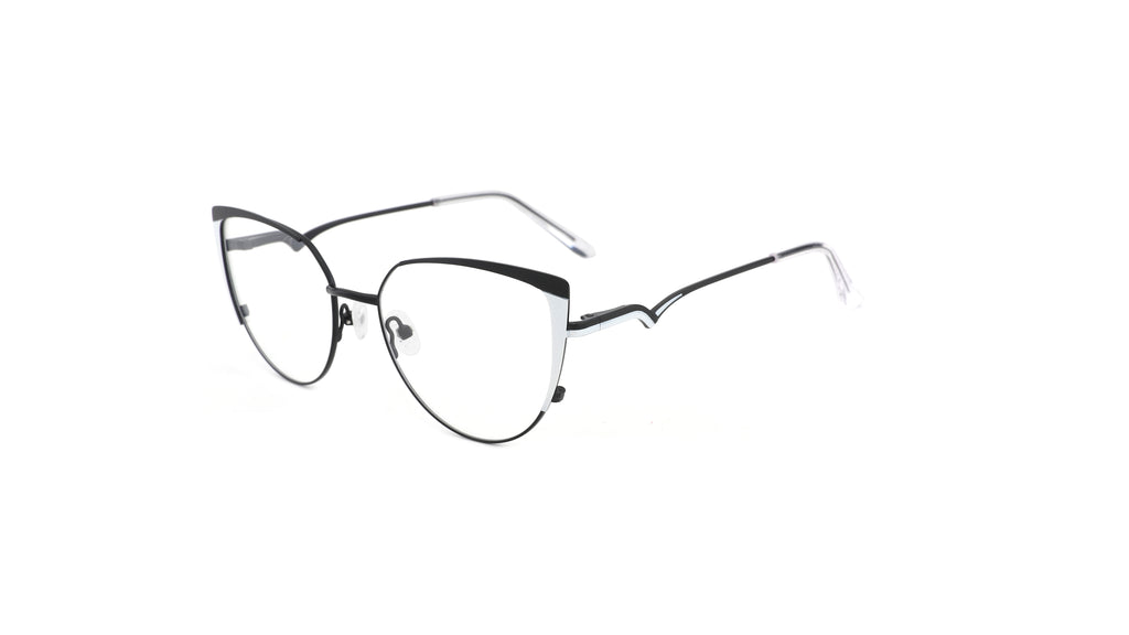 Oversized cat-eye eyeglasses with a black and silver metallic frame, shown on a plain white background.