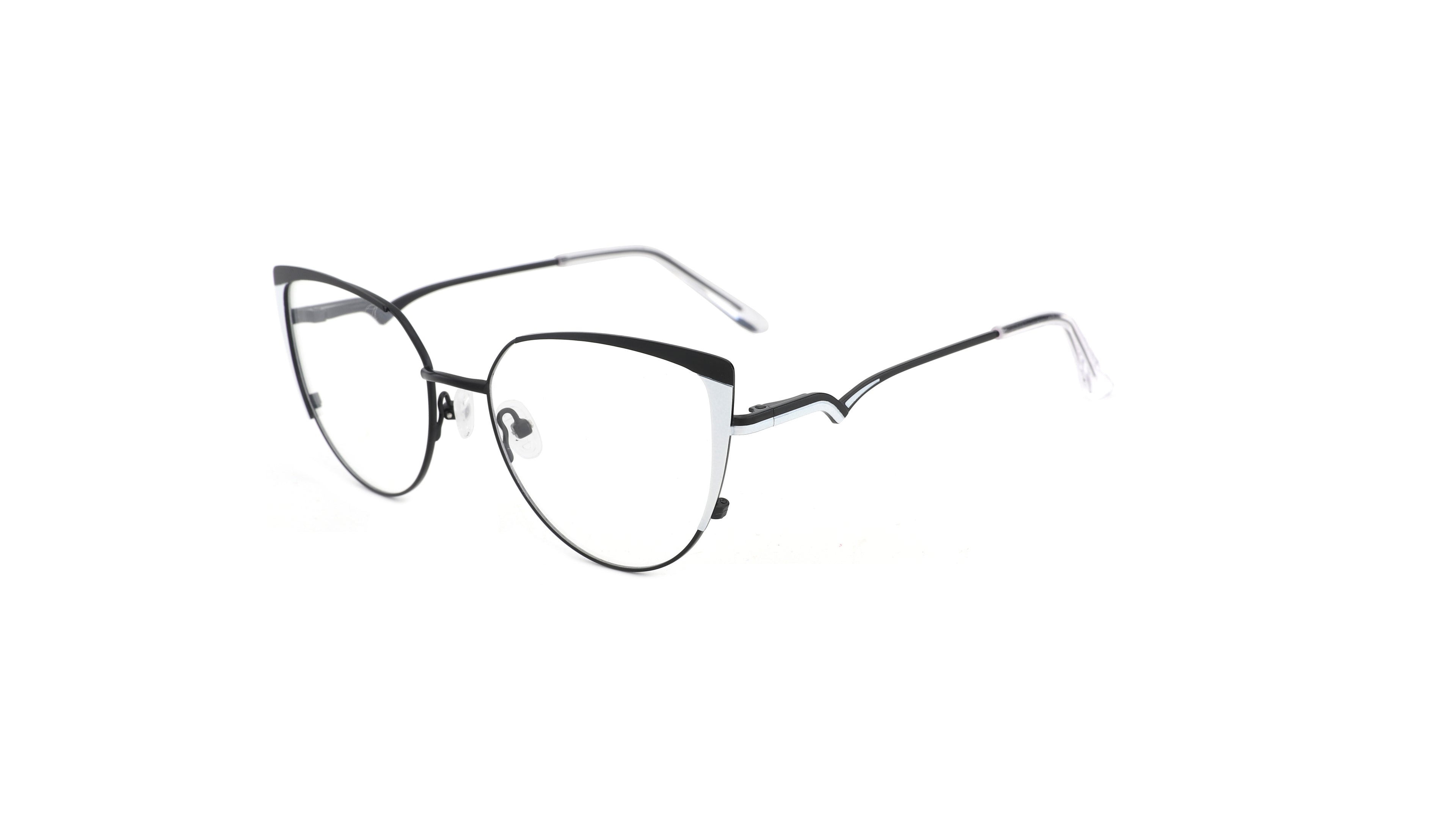Oversized cat-eye eyeglasses with a black and silver metallic frame, shown on a plain white background.