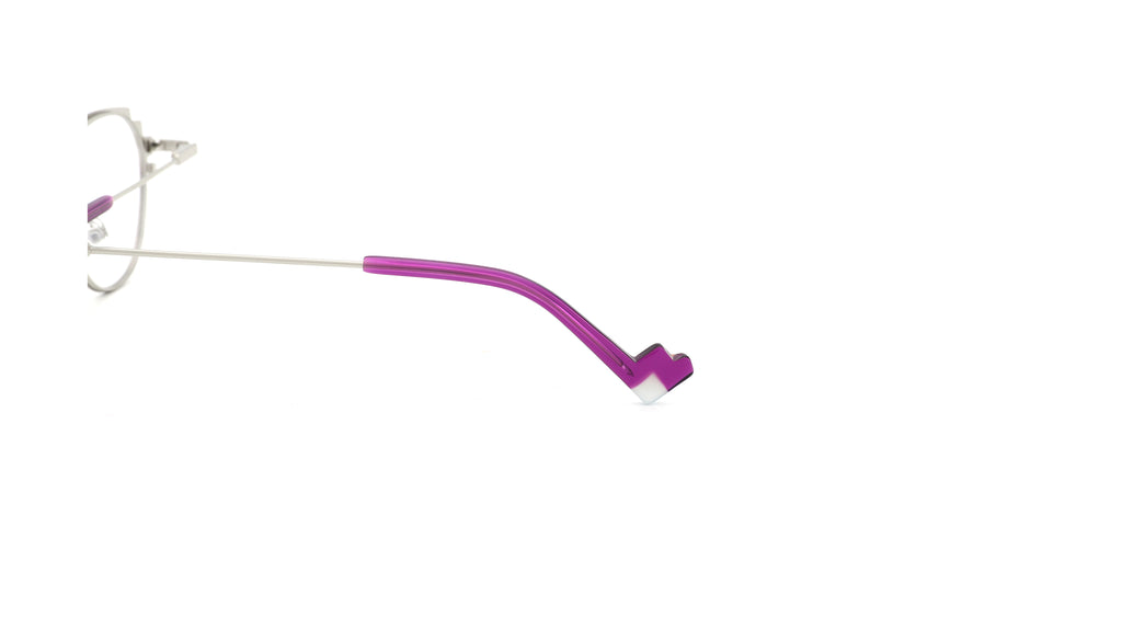 A pair of eyeglasses with a long, curved magenta-pink temple arm and a silver metal bridge, shown against a plain white background.