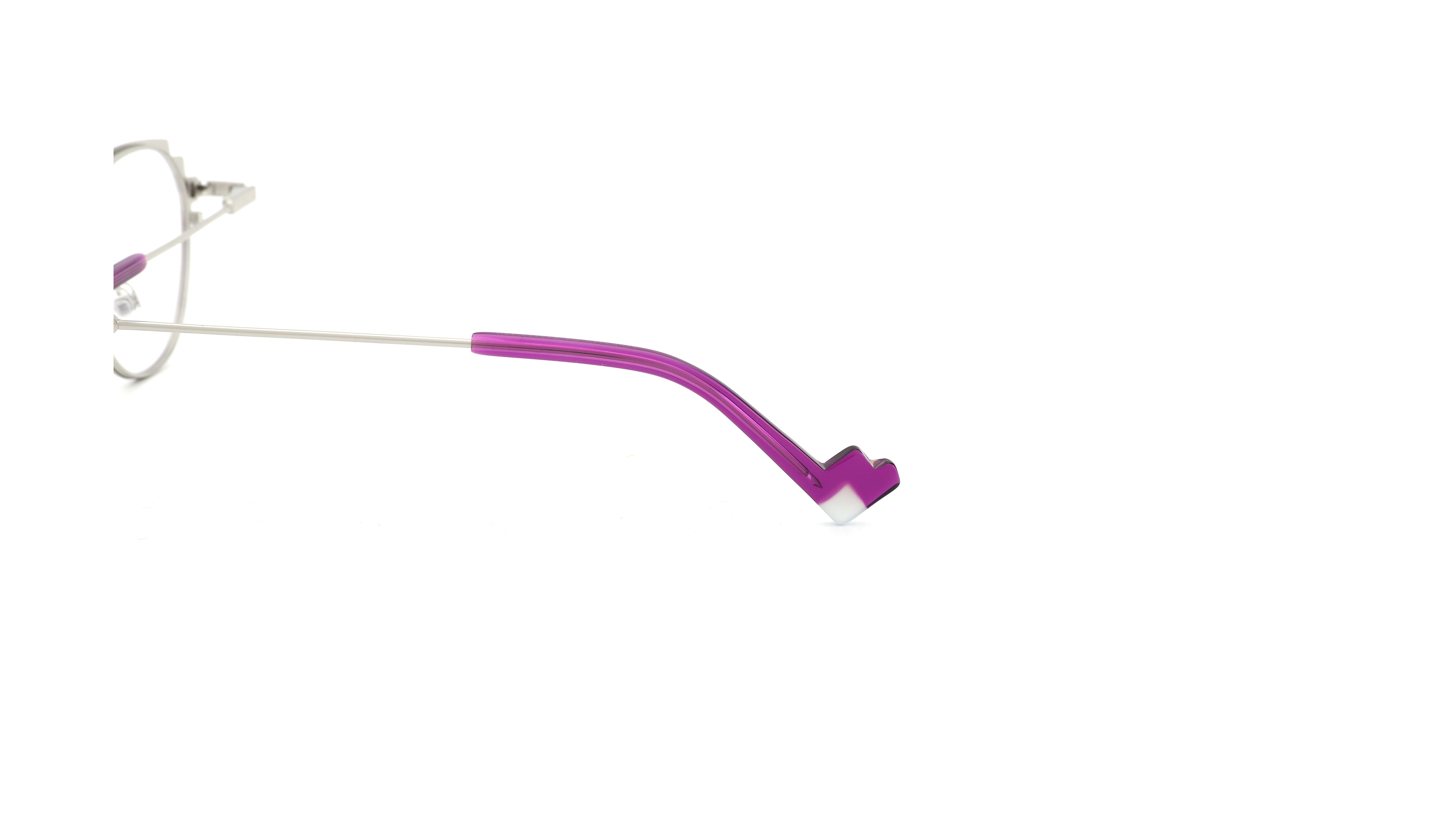 A pair of eyeglasses with a long, curved magenta-pink temple arm and a silver metal bridge, shown against a plain white background.