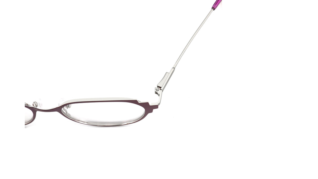 A close-up of eyeglass arms and hinge area on a white background, showing a thin silver metal temple with a dark purple acetate front rim and a small purple tip.