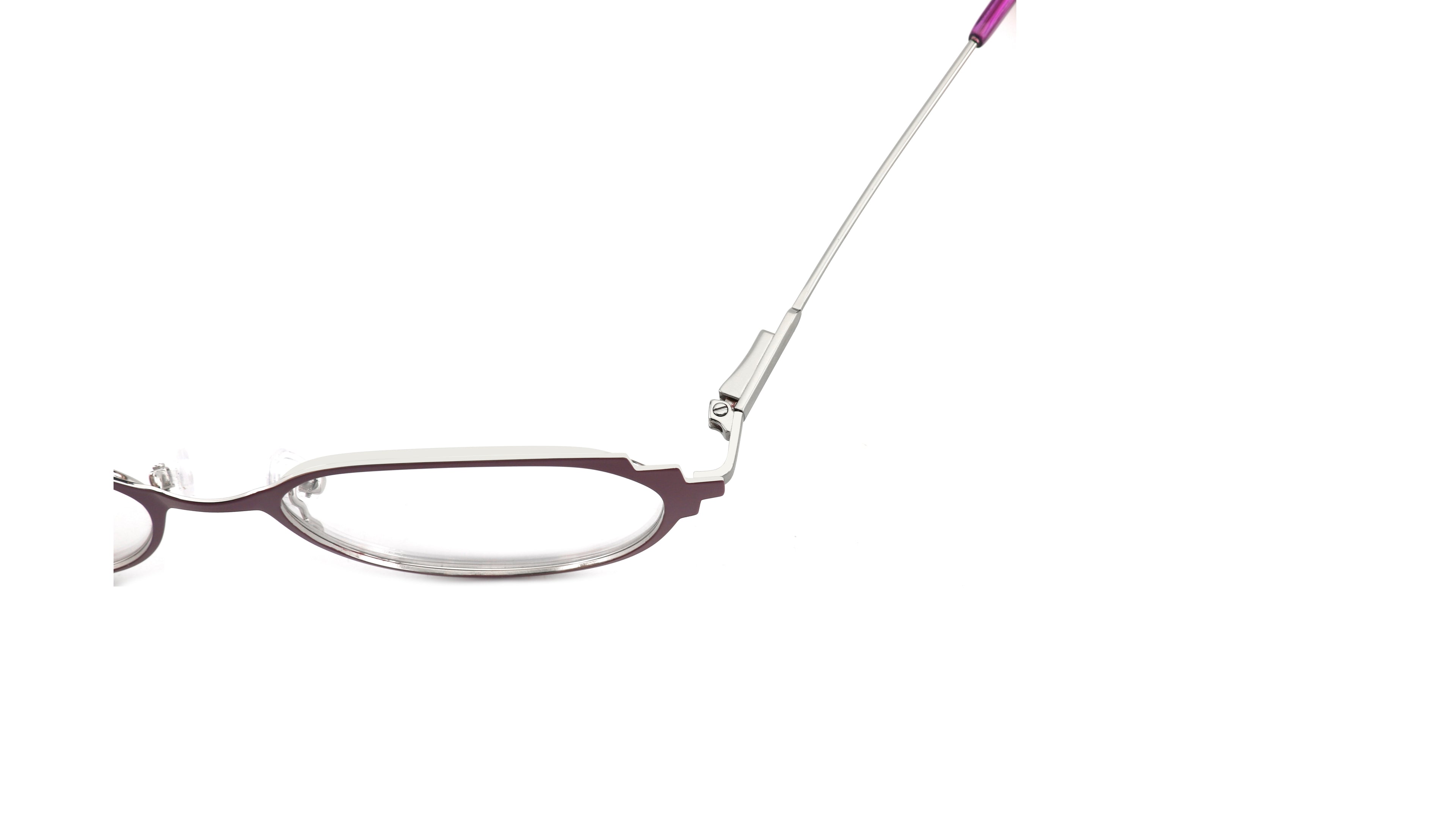 A close-up of eyeglass arms and hinge area on a white background, showing a thin silver metal temple with a dark purple acetate front rim and a small purple tip.