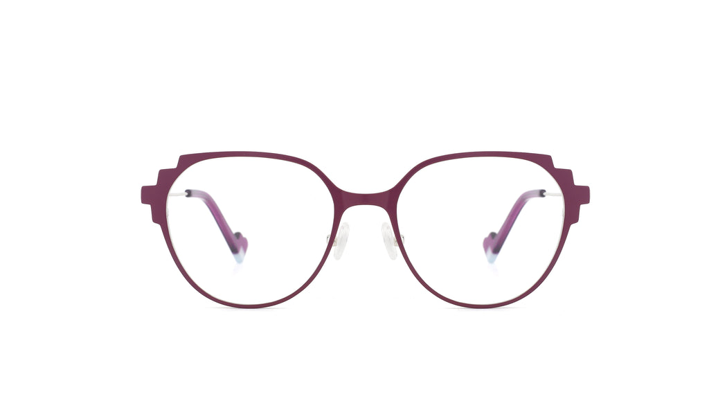 Oversized round eyeglasses with a dark plum purple frame and clear lenses, shown against a plain white background.