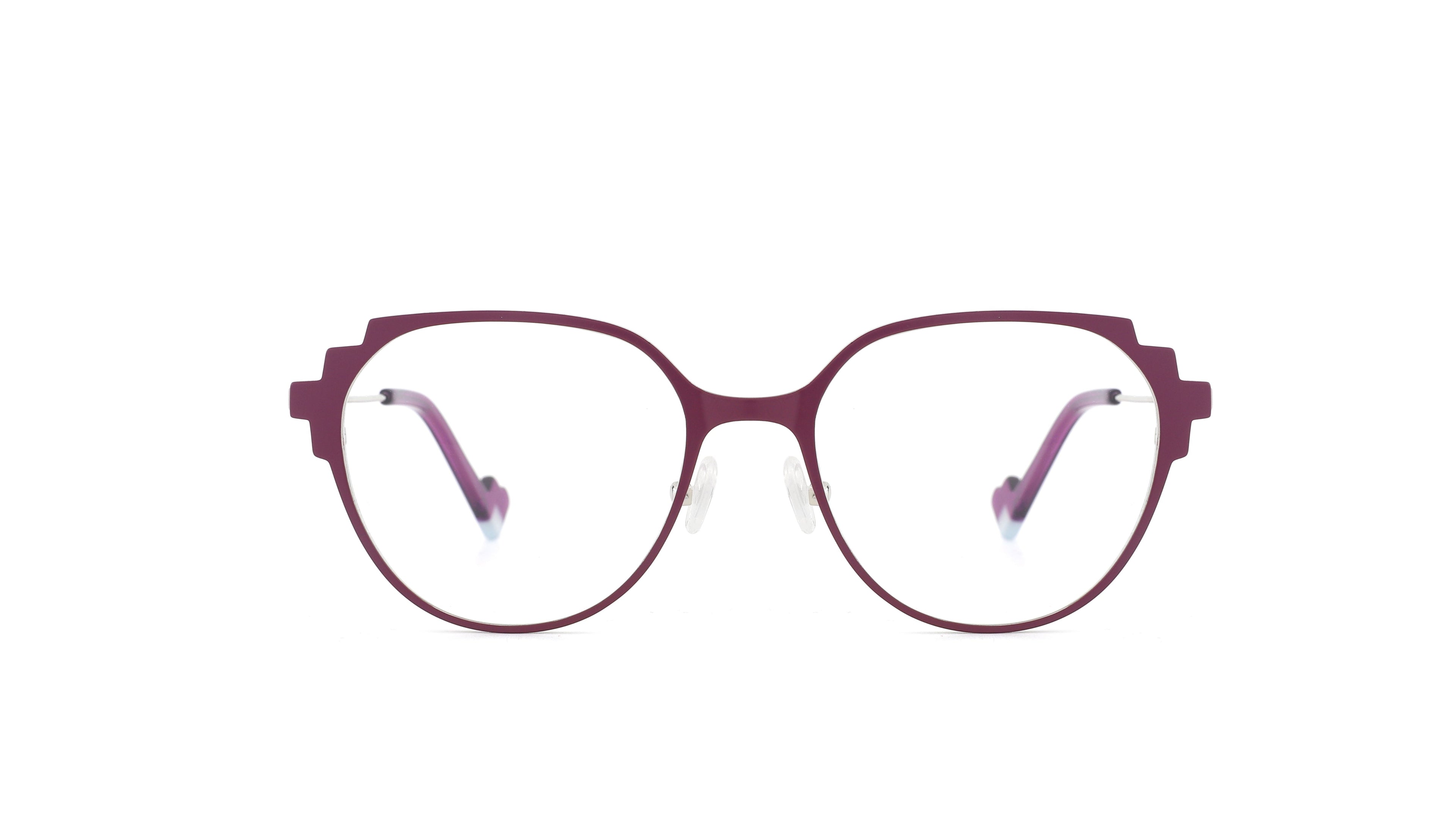 Oversized round eyeglasses with a dark plum purple frame and clear lenses, shown against a plain white background.