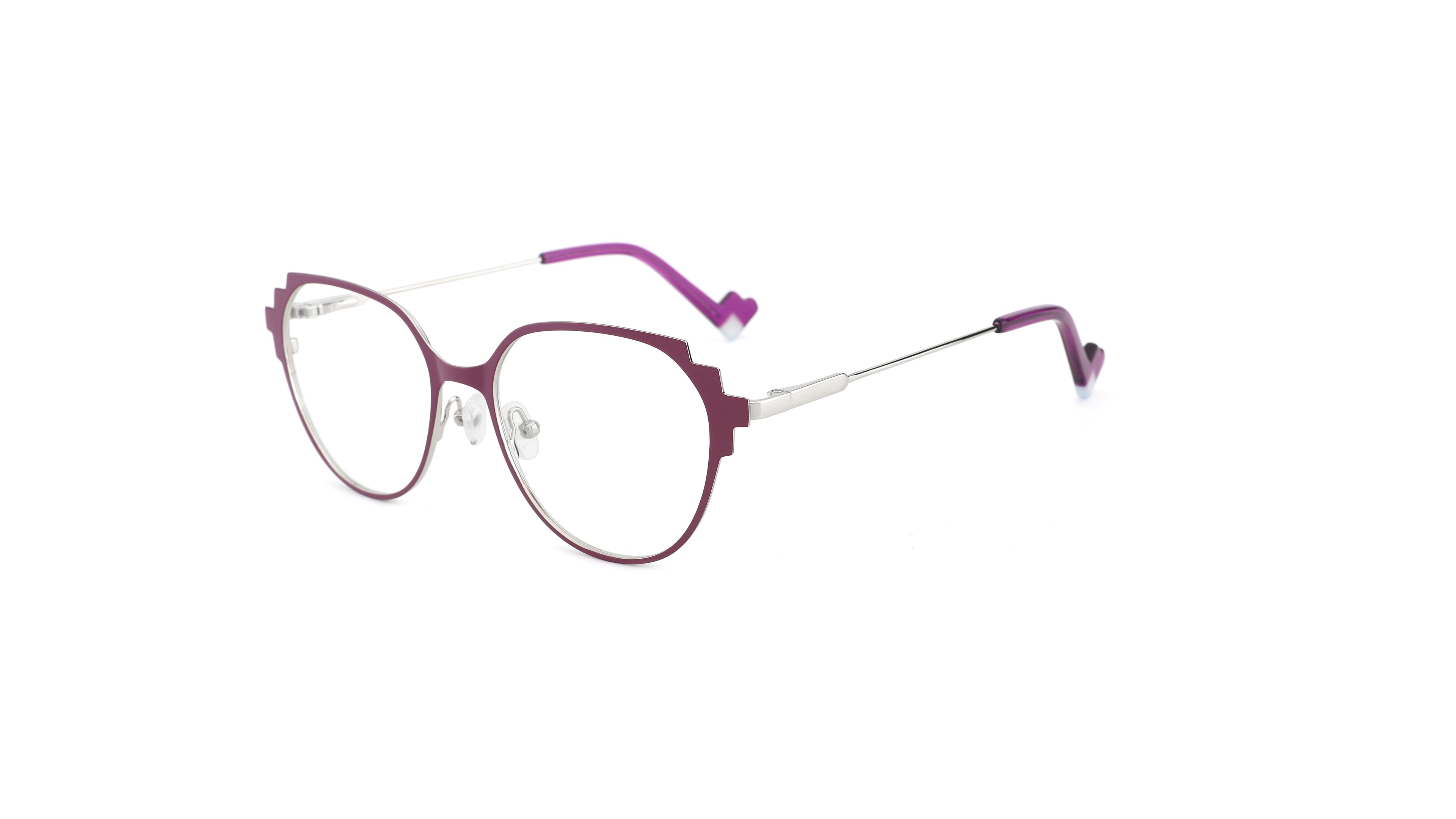 Oversized oval eyeglasses with a metallic plum purple frame and silver temples, shown on a plain white background.