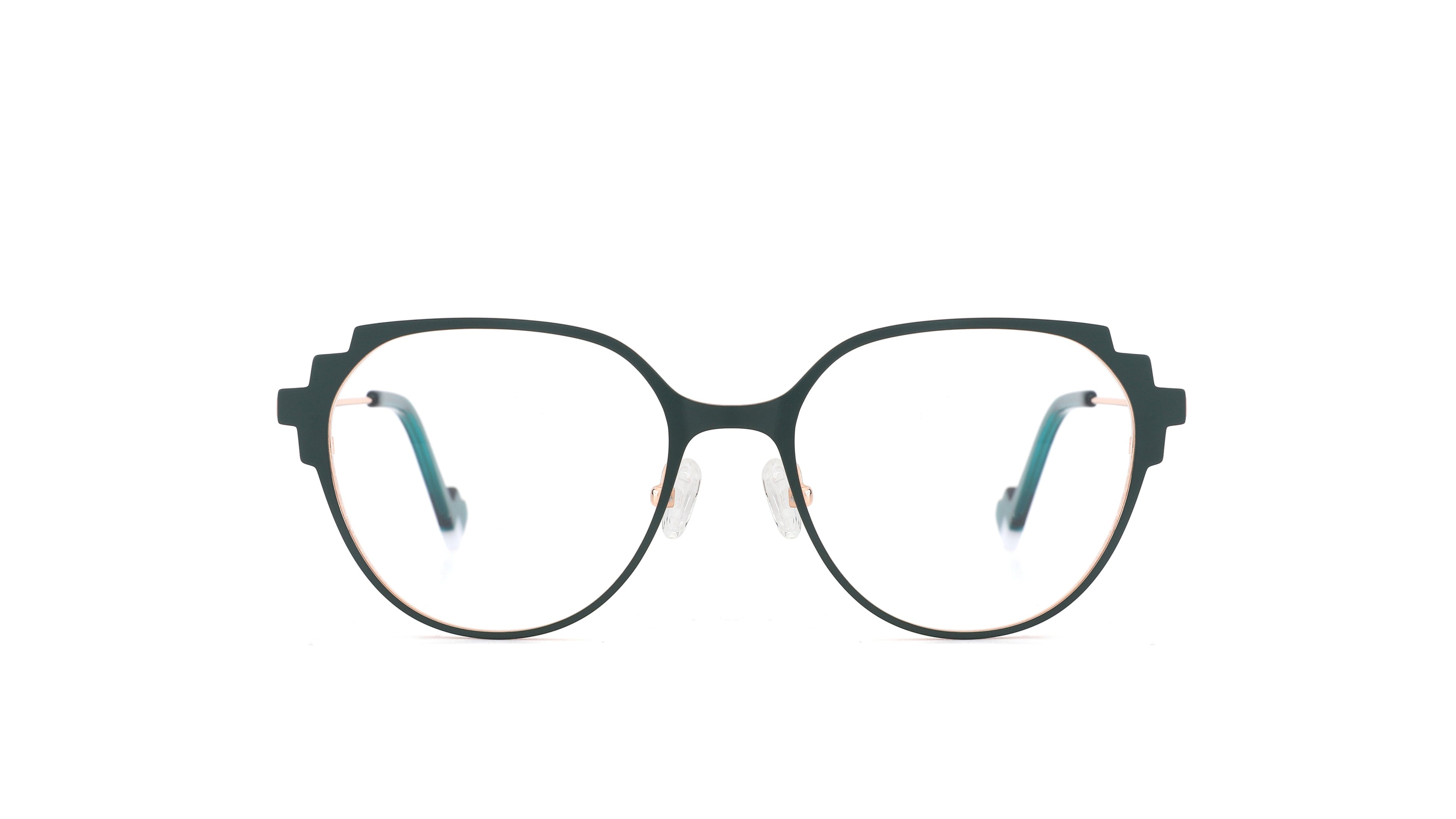 A pair of round eyeglasses with a dark green frame and light blue-green temple arms, shown against a plain white background.
