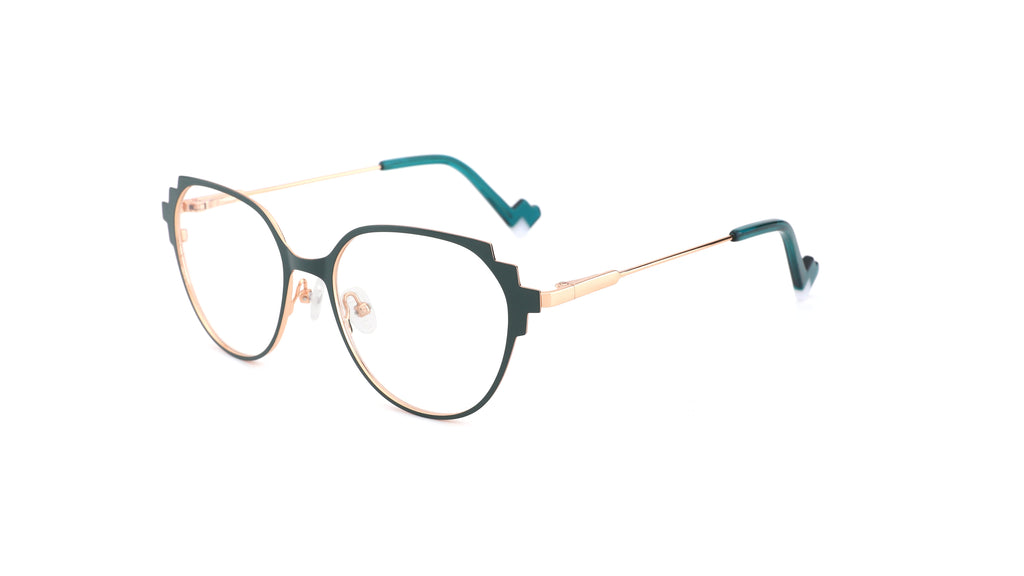 Oversized round eyeglasses with a black front frame, gold metal temples, and teal acetate temple tips, shown on a plain white background.