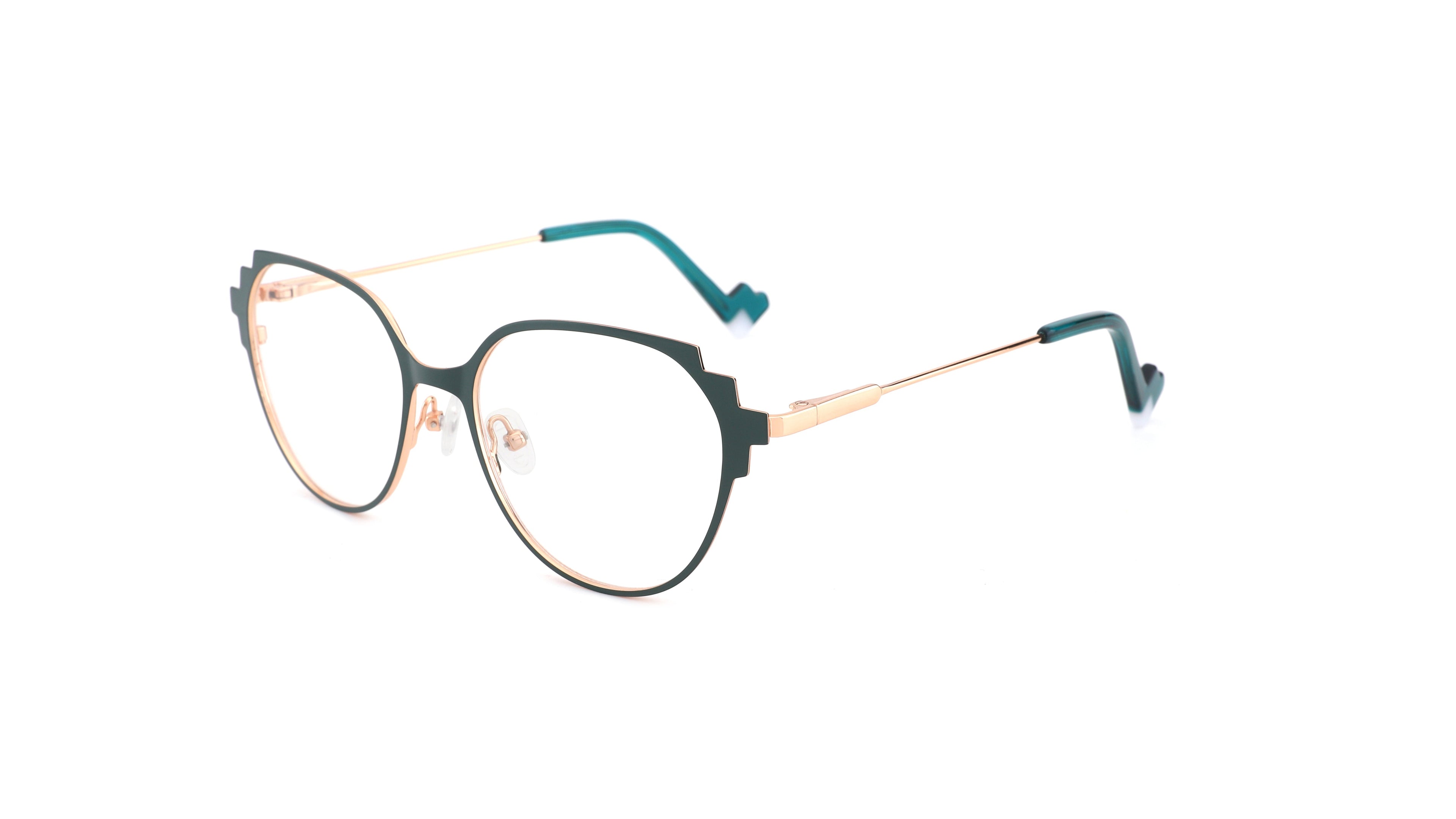 Oversized round eyeglasses with a black front frame, gold metal temples, and teal acetate temple tips, shown on a plain white background.
