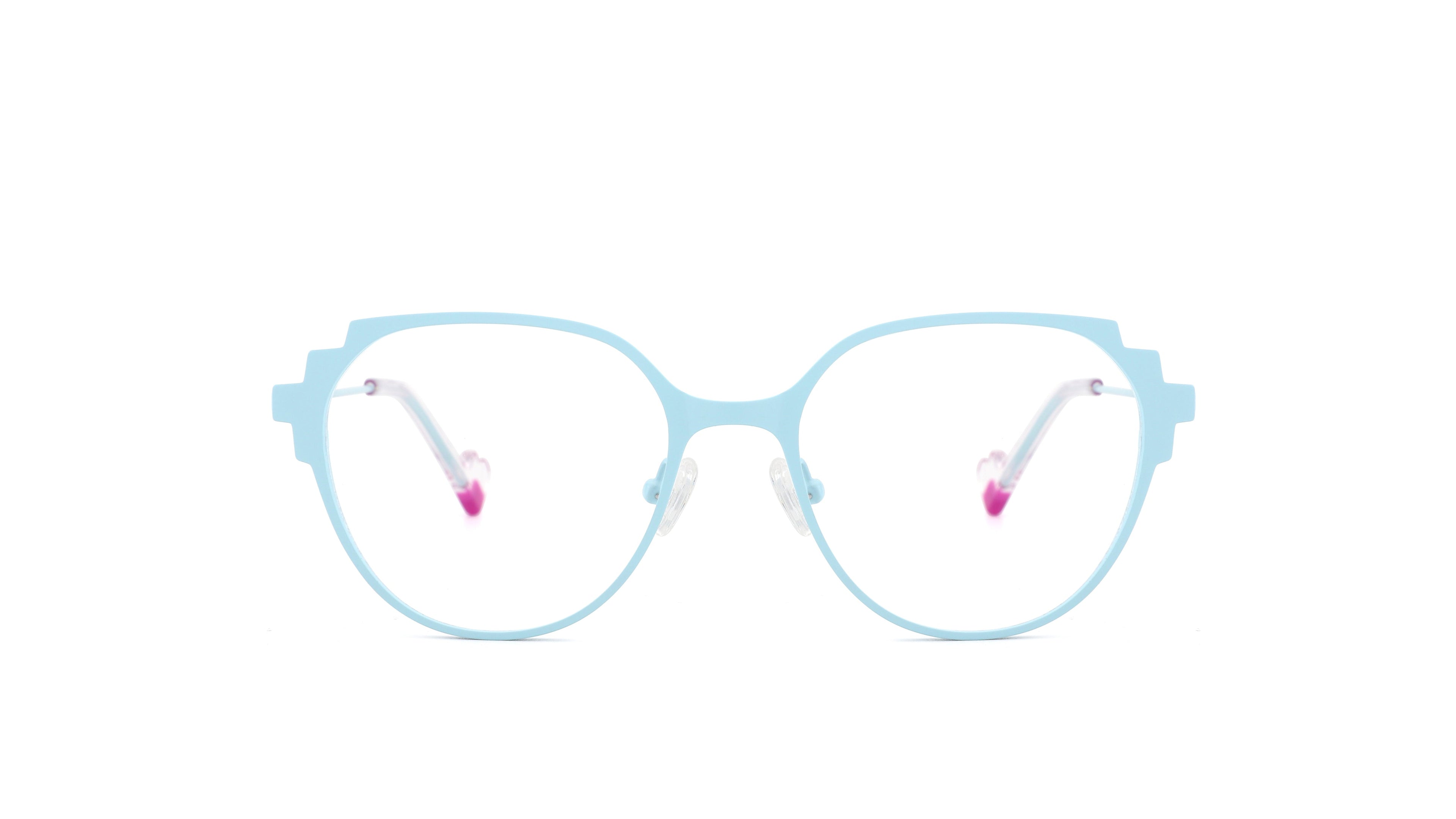 Light blue cat-eye eyeglasses with clear lenses and pink nose pads, shown against a plain white background.