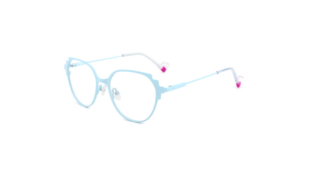 Light blue metal eyeglass frames with clear lenses and small pink temple tips, shown on a plain white background.