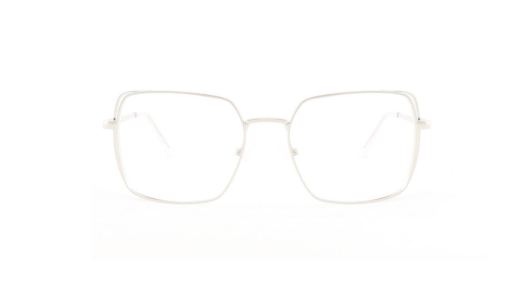 A pair of oversized square eyeglasses with a very thin silver metal frame and clear lenses, centered on a solid white background.