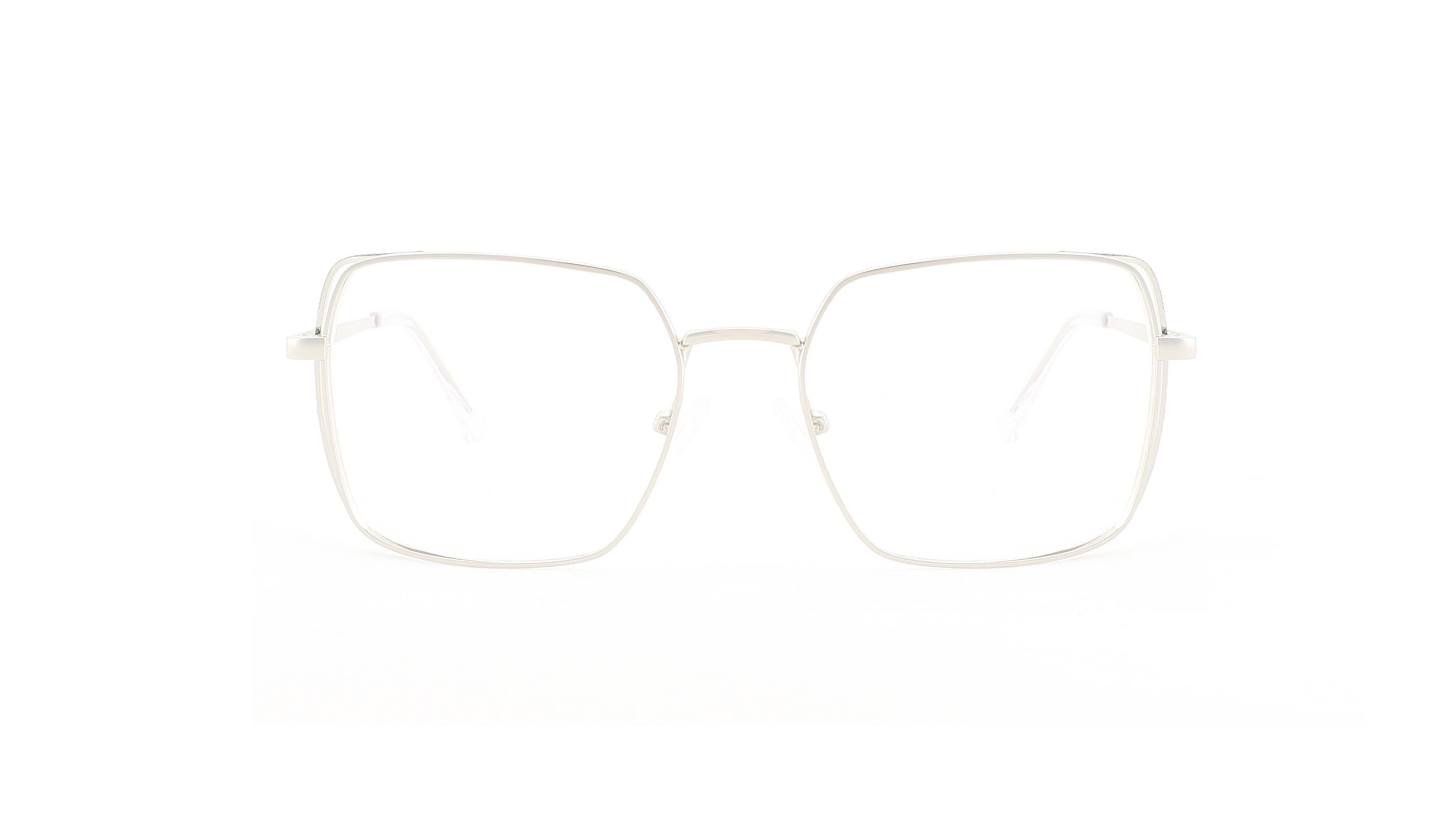 A pair of oversized square eyeglasses with a very thin silver metal frame and clear lenses, centered on a solid white background.
